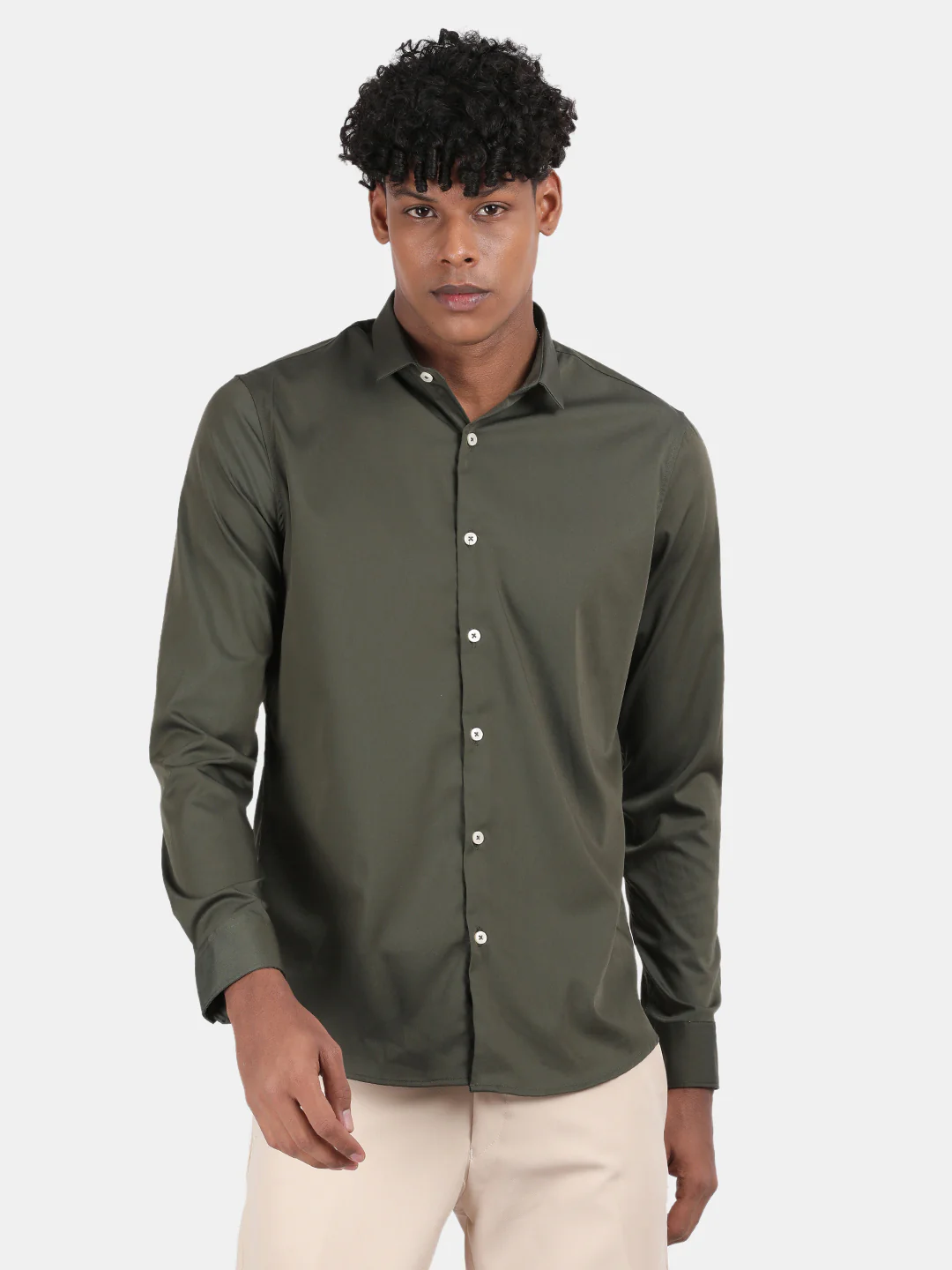 Men Green Slim Fit Spread Collar Full Sleeve Casual Shirt - Image 2