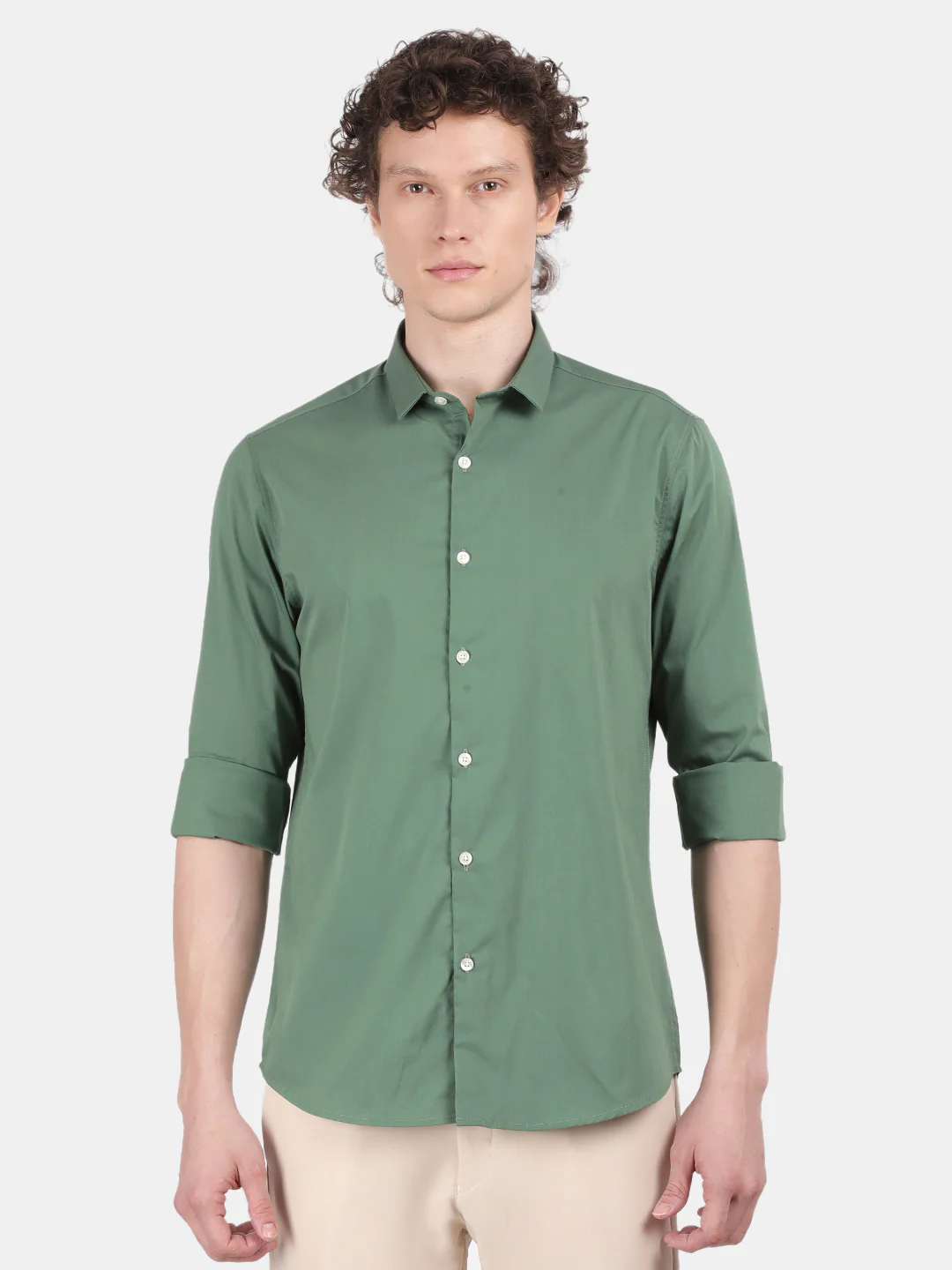 Men Green Slim Fit Spread Collar Full Sleeve Casual Shirt - Image 2