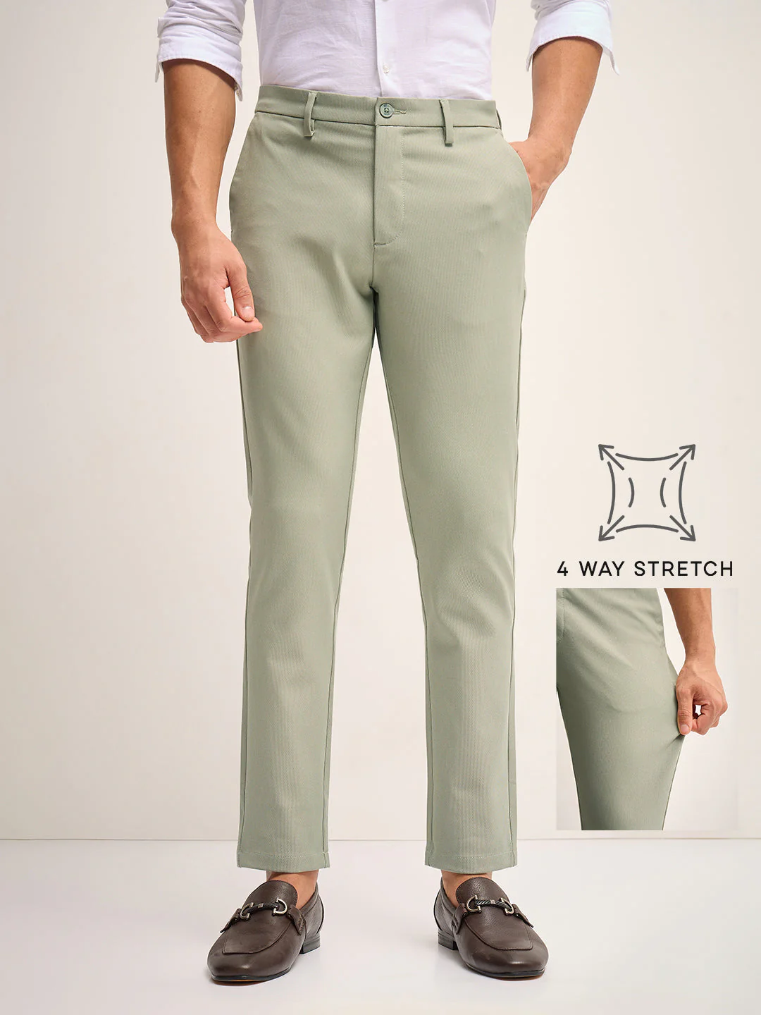 Men Green Solid 4 Way Stretch Formal Trouser