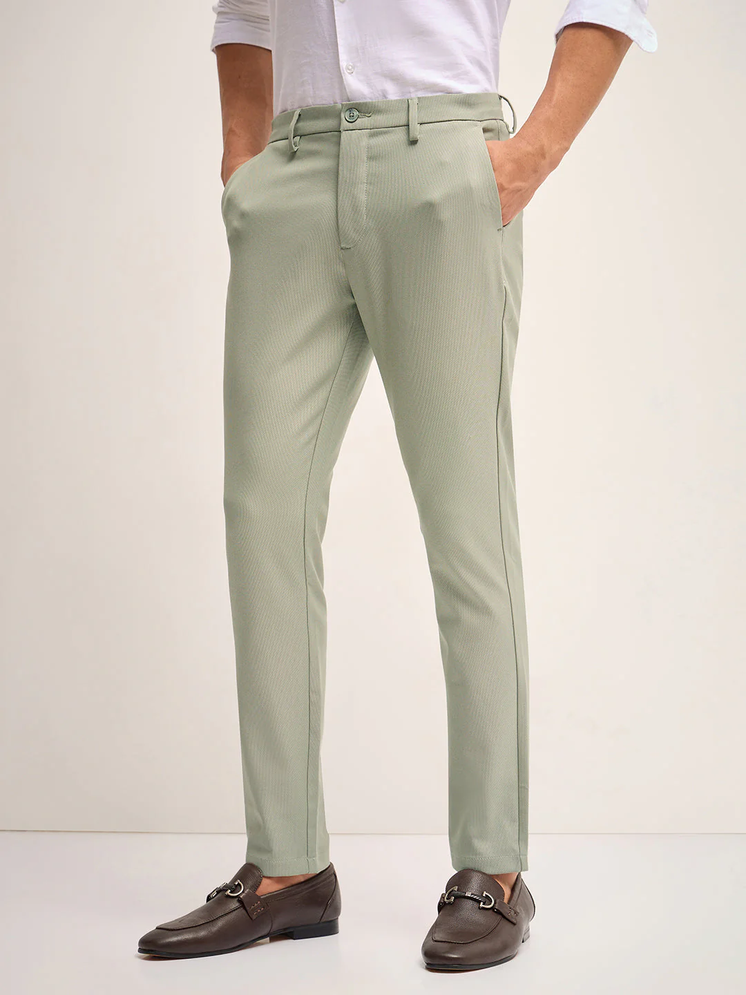 Men Green Solid 4 Way Stretch Formal Trouser - Image 3