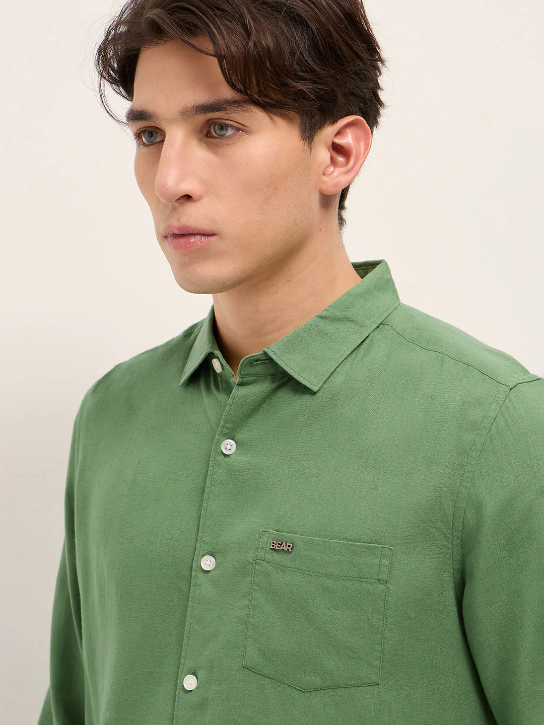 Men Green Solid Lyocell Slim Fit Casual Shirt - Image 5