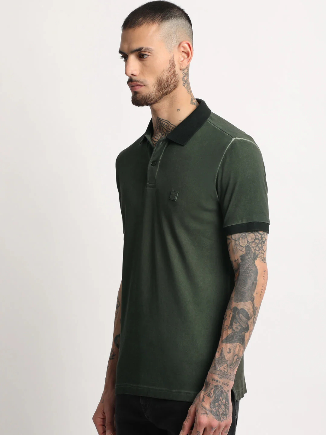 Men  Green Solid Polo T-shirt - Image 3