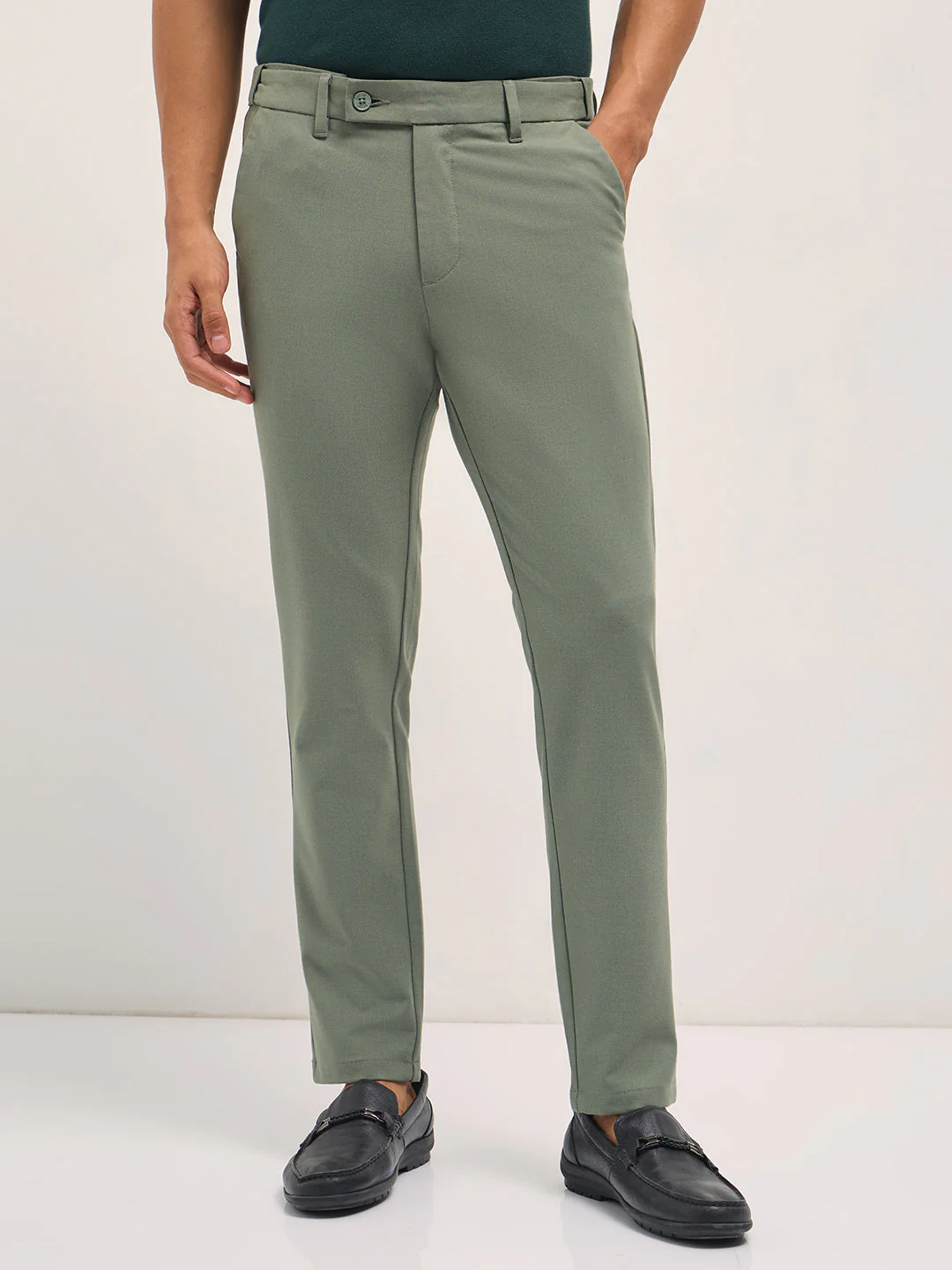 Men Green Solid Polyester Blend Slim Fit Formal Trousers - Image 7