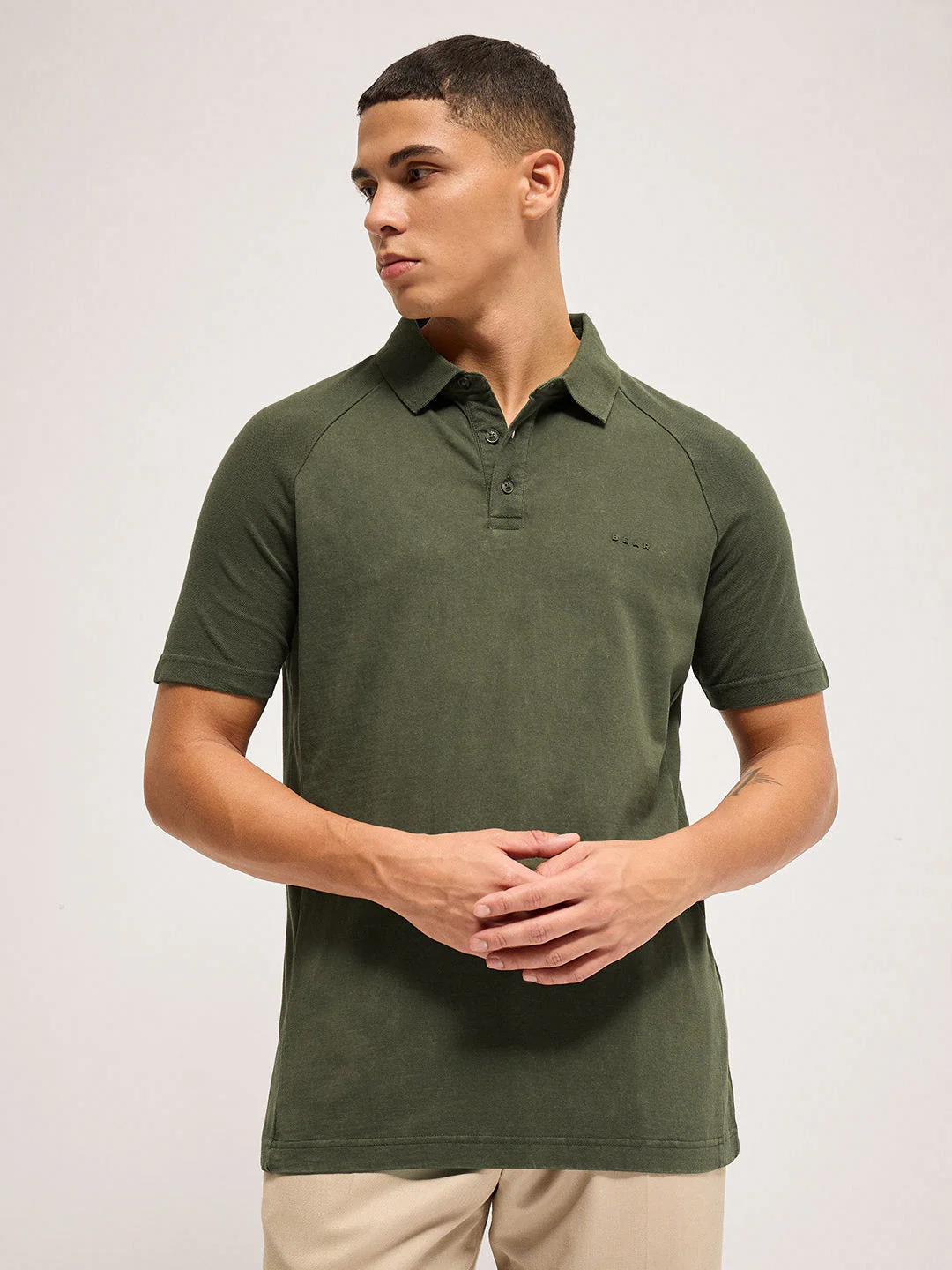 Men Green Solid Regular Fit Polo Collar T-shirt - Image 6
