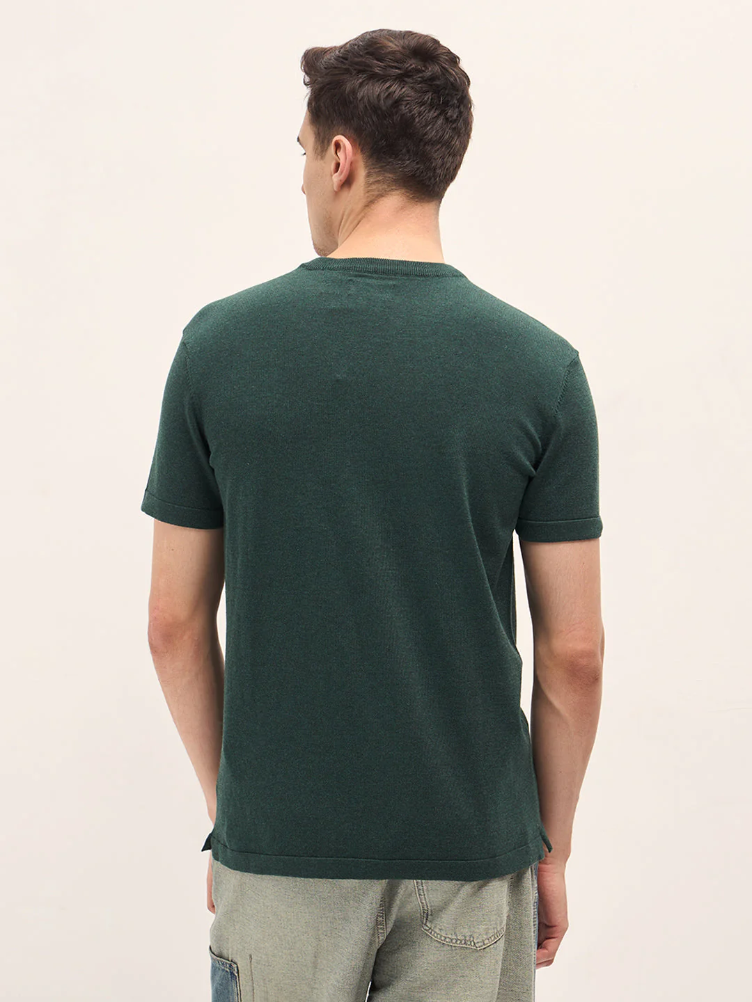 Men Green Solid Regular Fit Ribbed Crew Neck T-shirt - Image 2