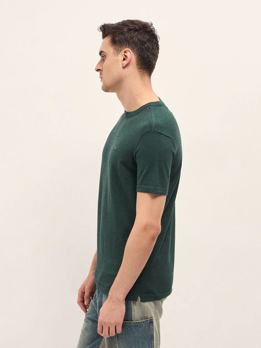 Men Green Solid Regular Fit Ribbed Crew Neck T-shirt - Image 3