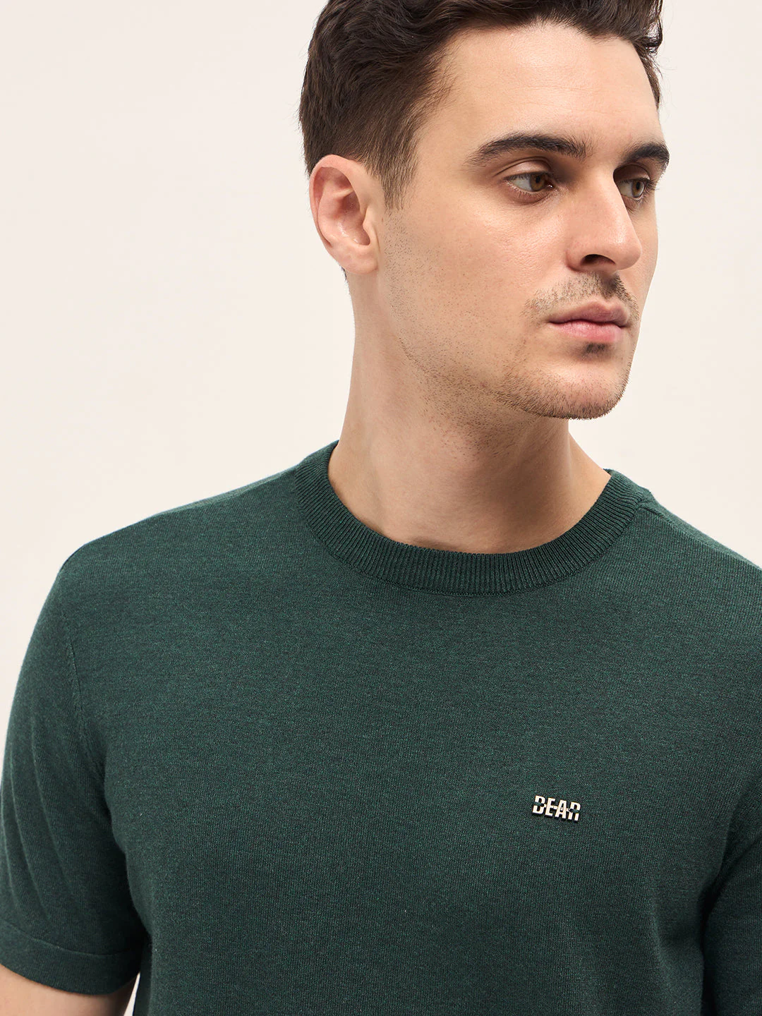 Men Green Solid Regular Fit Ribbed Crew Neck T-shirt - Image 5