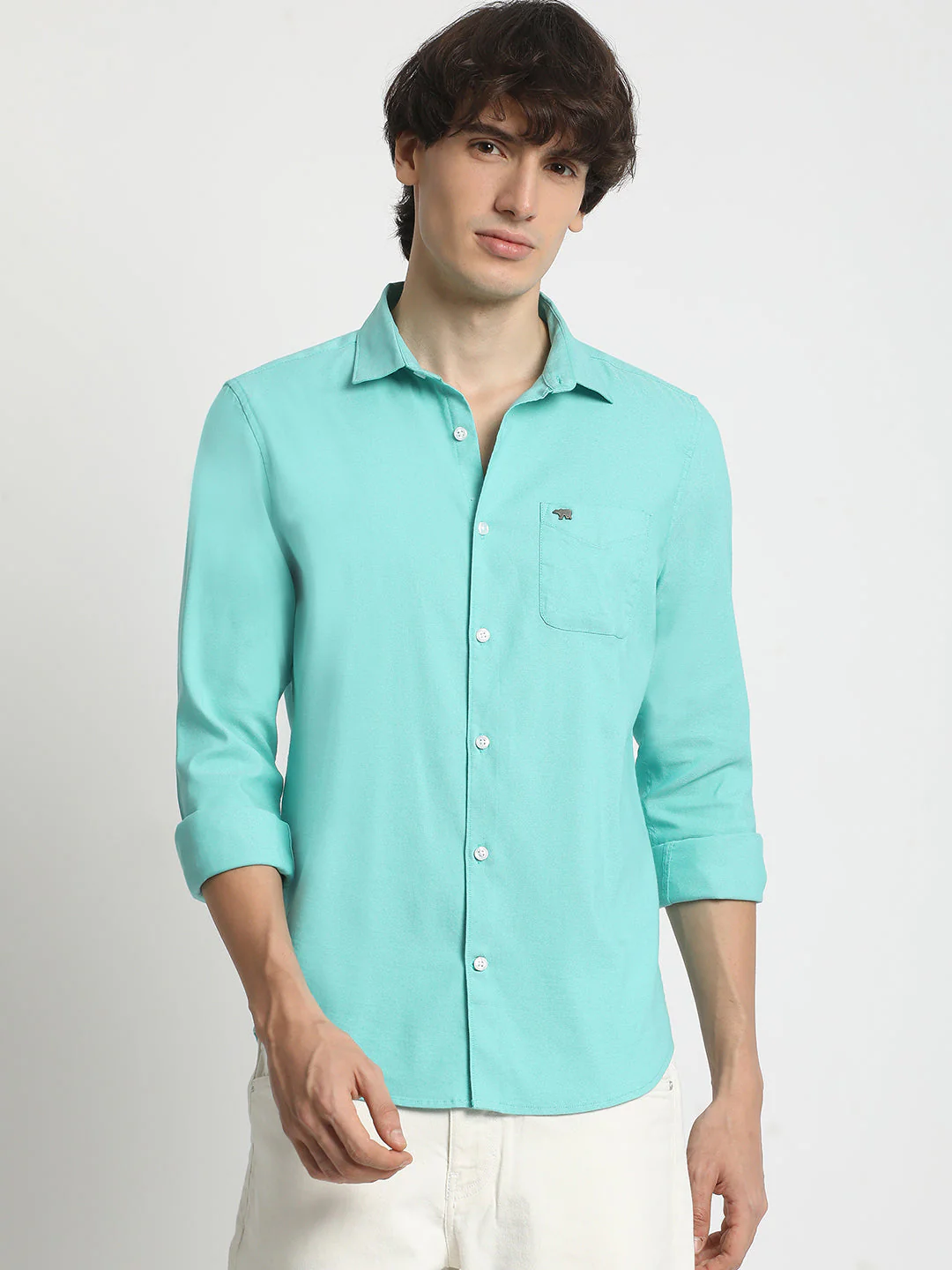 Men Green Solid Spread Collar Shirt - Image 2