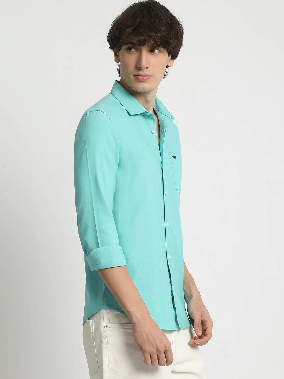 Men Green Solid Spread Collar Shirt - Image 3
