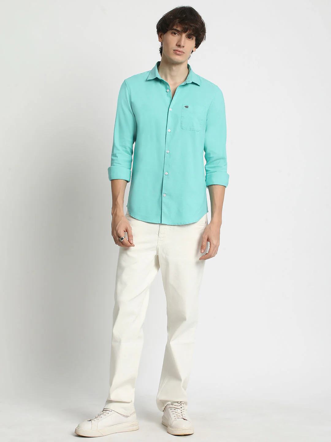 Men Green Solid Spread Collar Shirt - Image 5
