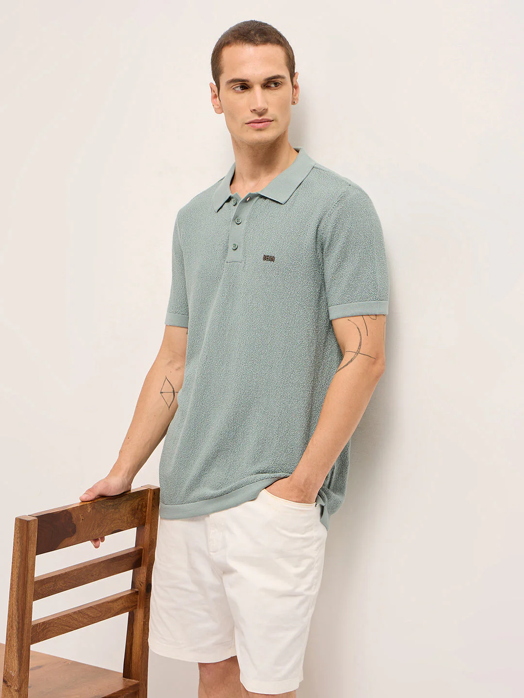 Men Green Solid Texture Knit Design Regular Fit Polo