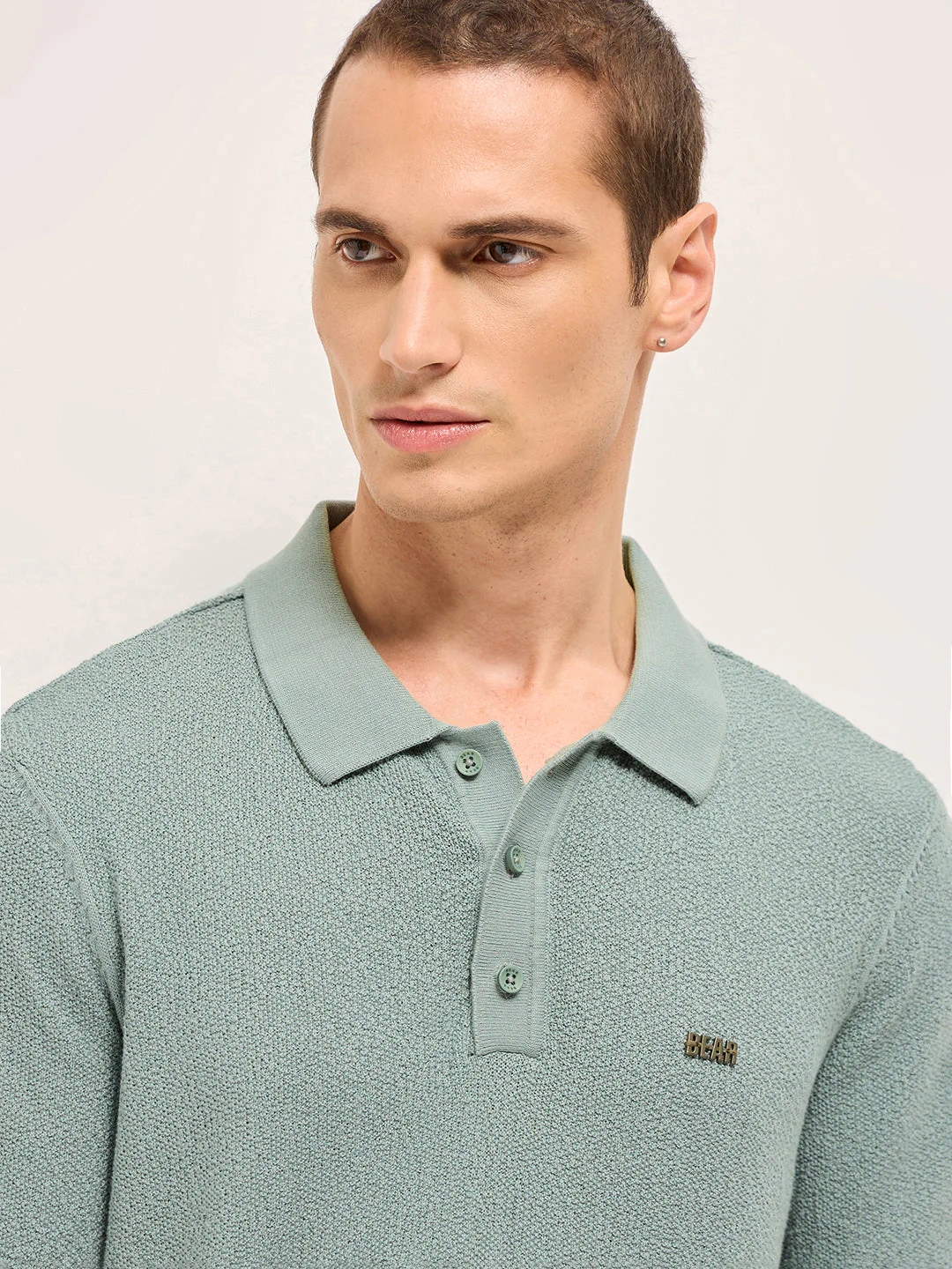 Men Green Solid Texture Knit Design Regular Fit Polo - Image 5