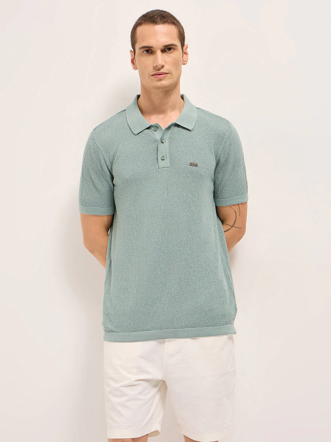 Men Green Solid Texture Knit Design Regular Fit Polo - Image 6