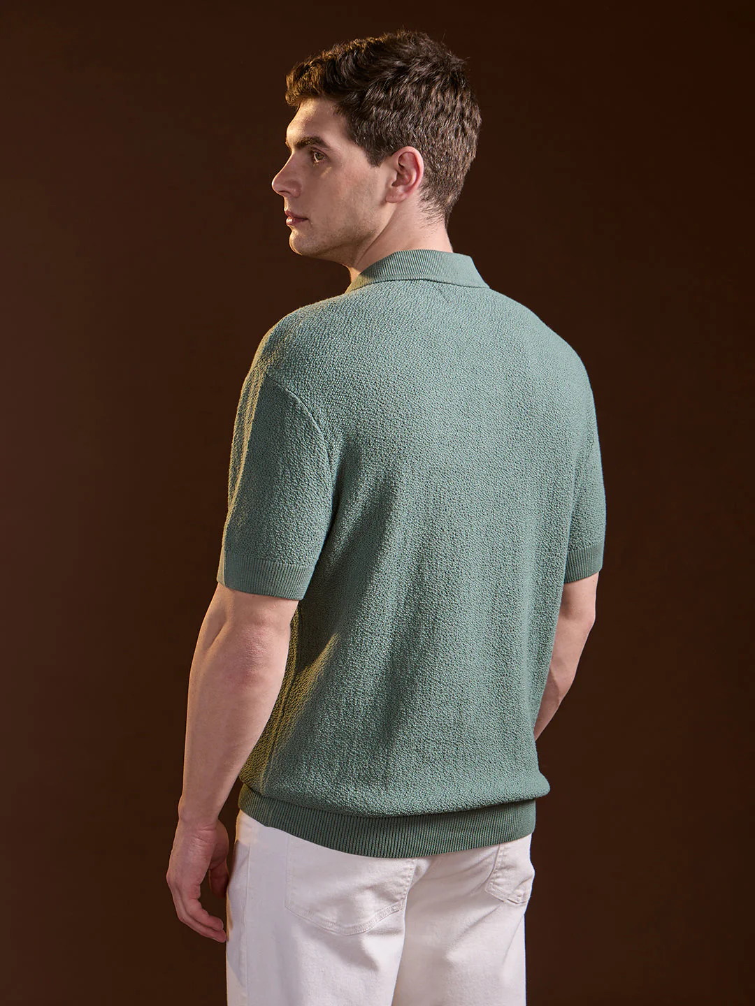 Men Green Solid Texture Knit Design Regular Fit Polo - Image 2