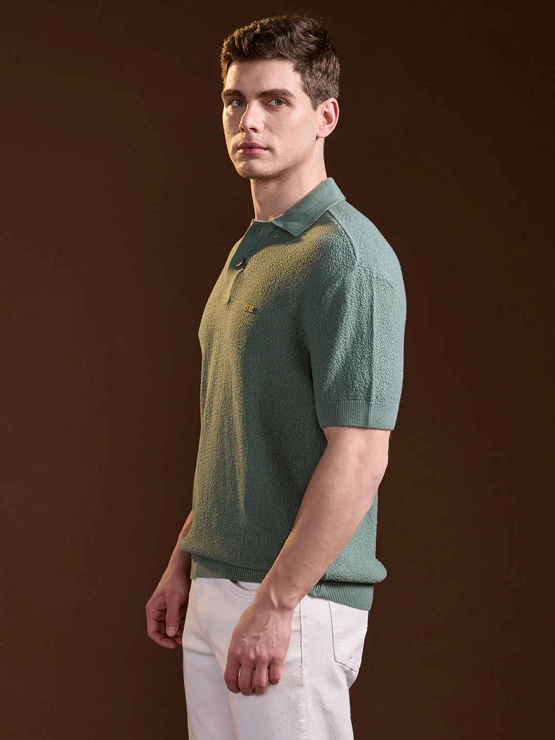 Men Green Solid Texture Knit Design Regular Fit Polo - Image 3