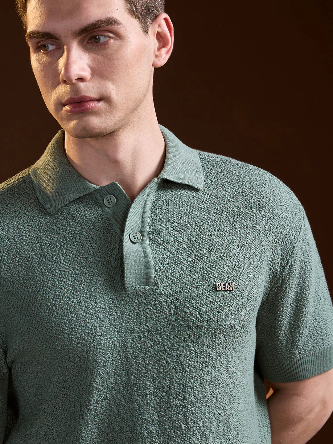 Men Green Solid Texture Knit Design Regular Fit Polo - Image 5