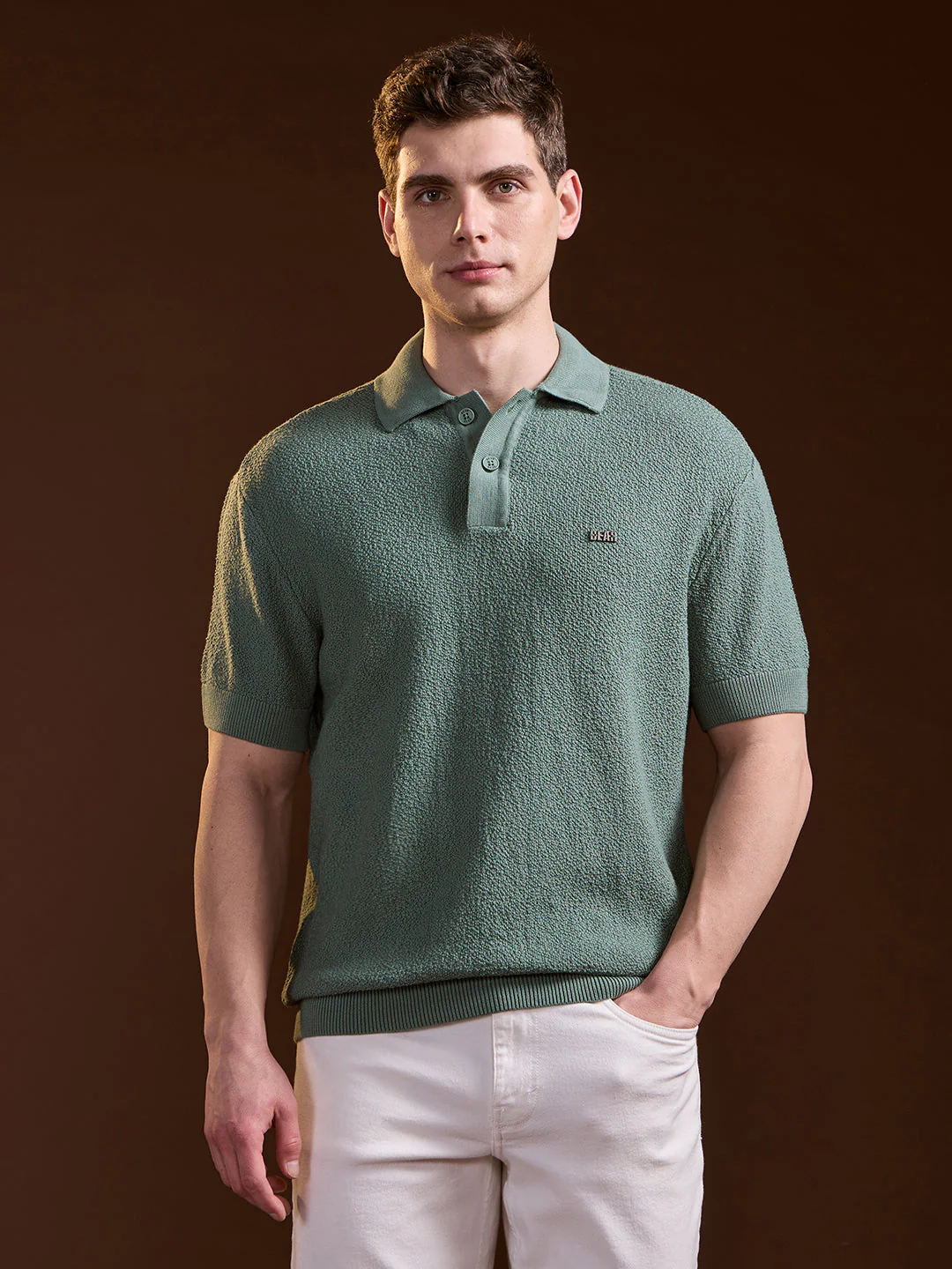 Men Green Solid Texture Knit Design Regular Fit Polo - Image 6