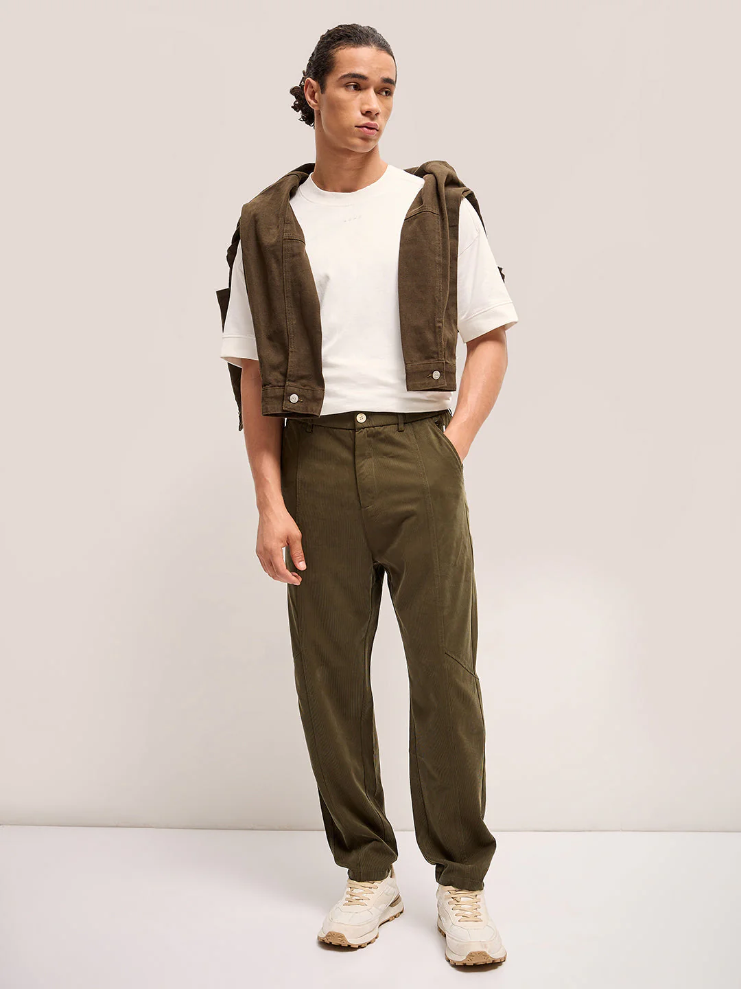 Men Green Stripe Regular Fit Mid-Rise Casual Pant - Image 4