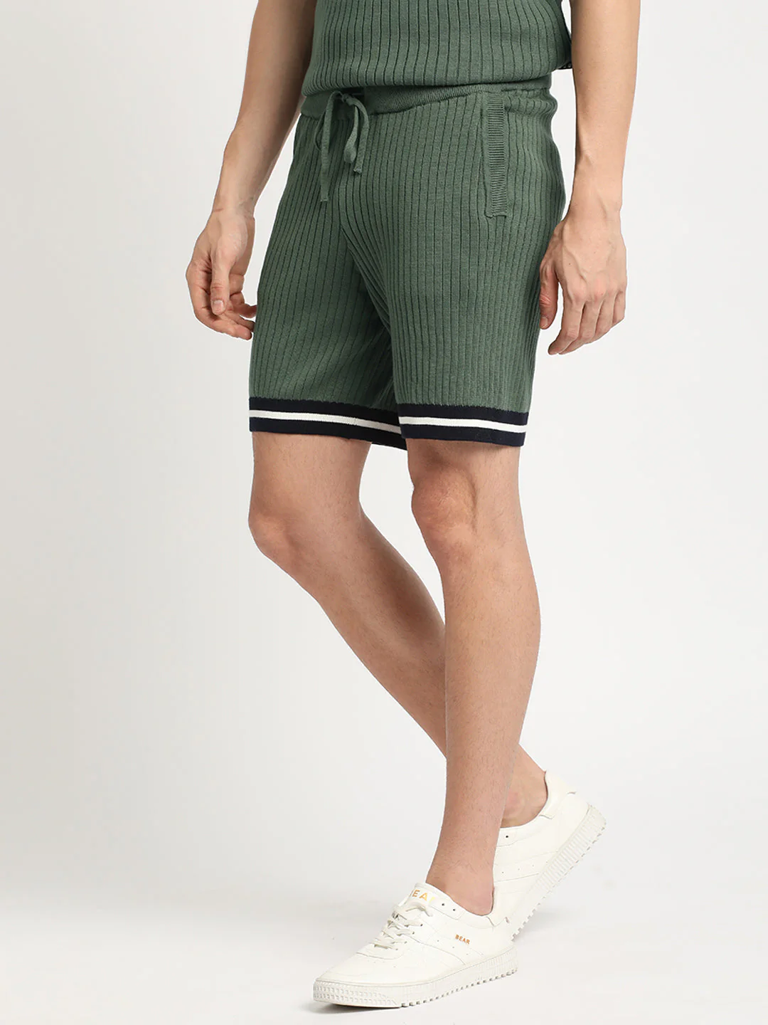 Men Green Striped Regular Fit Cotton Shorts | The Bear House - Image 2