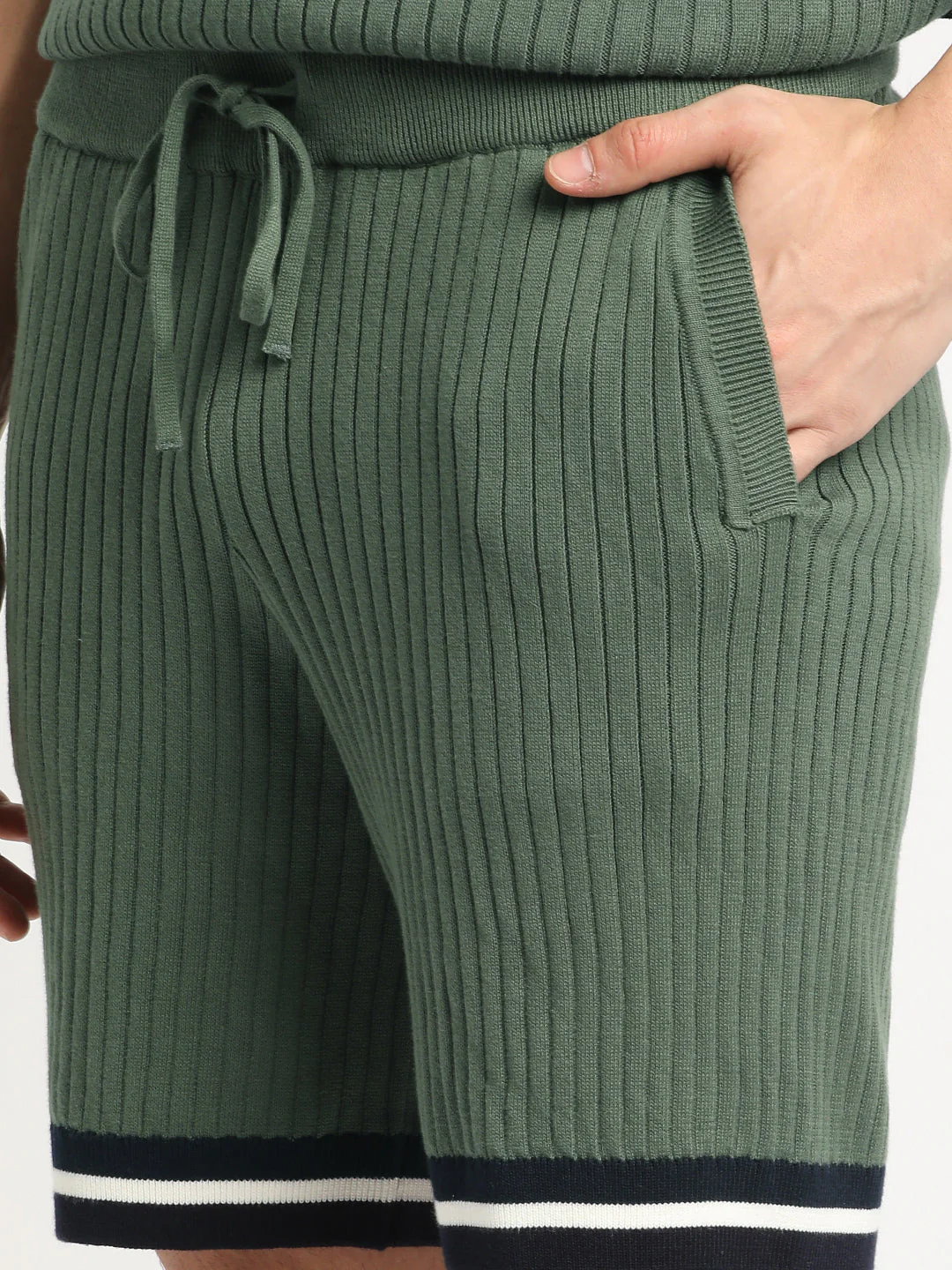Men Green Striped Regular Fit Cotton Shorts | The Bear House - Image 5