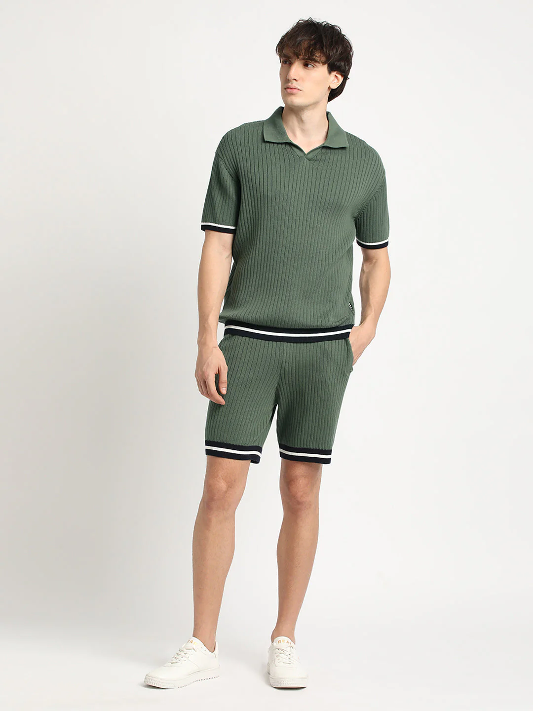 Men Green Striped Regular Fit Cotton Shorts | The Bear House - Image 6