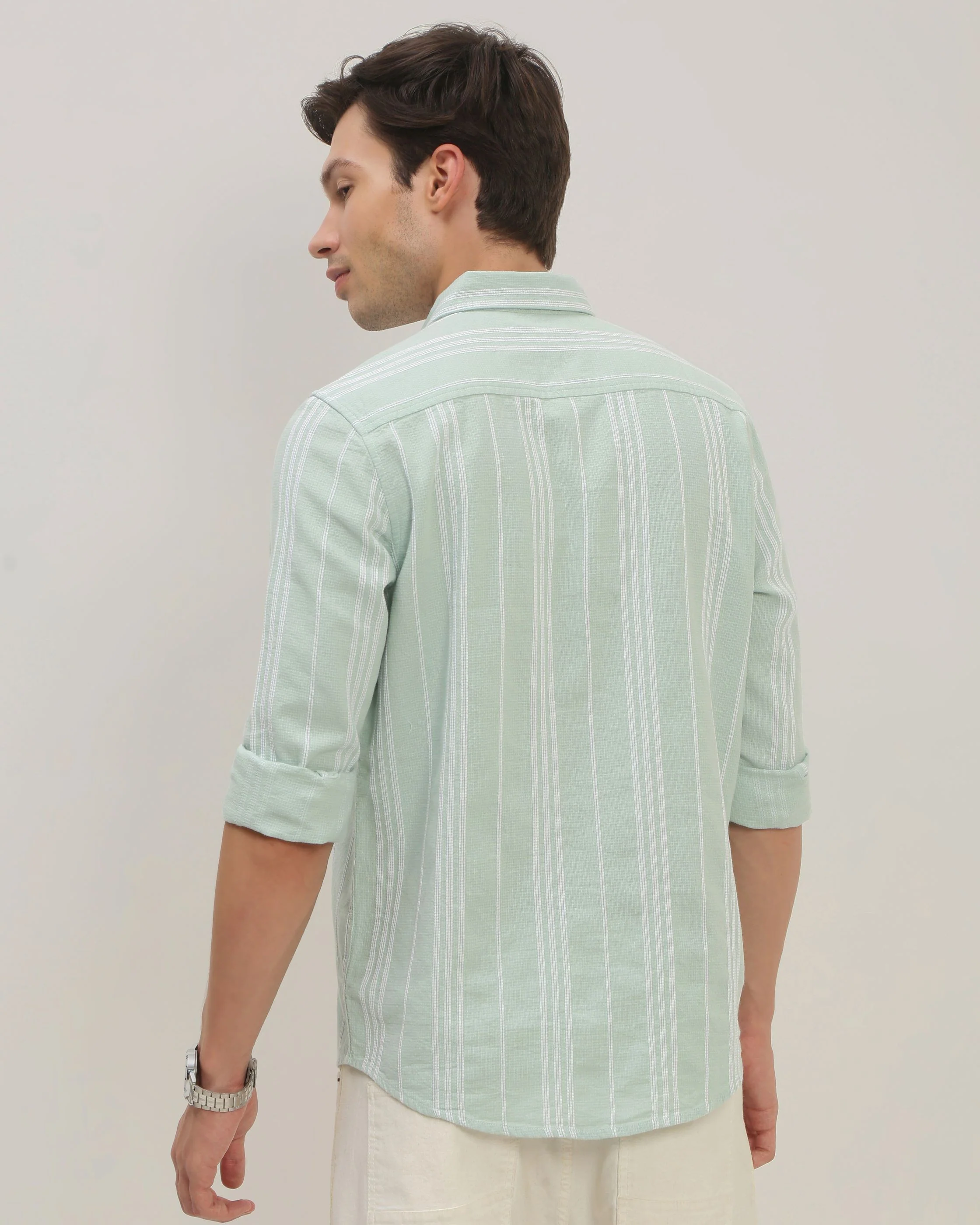Men Green Striped Shirt - Image 2