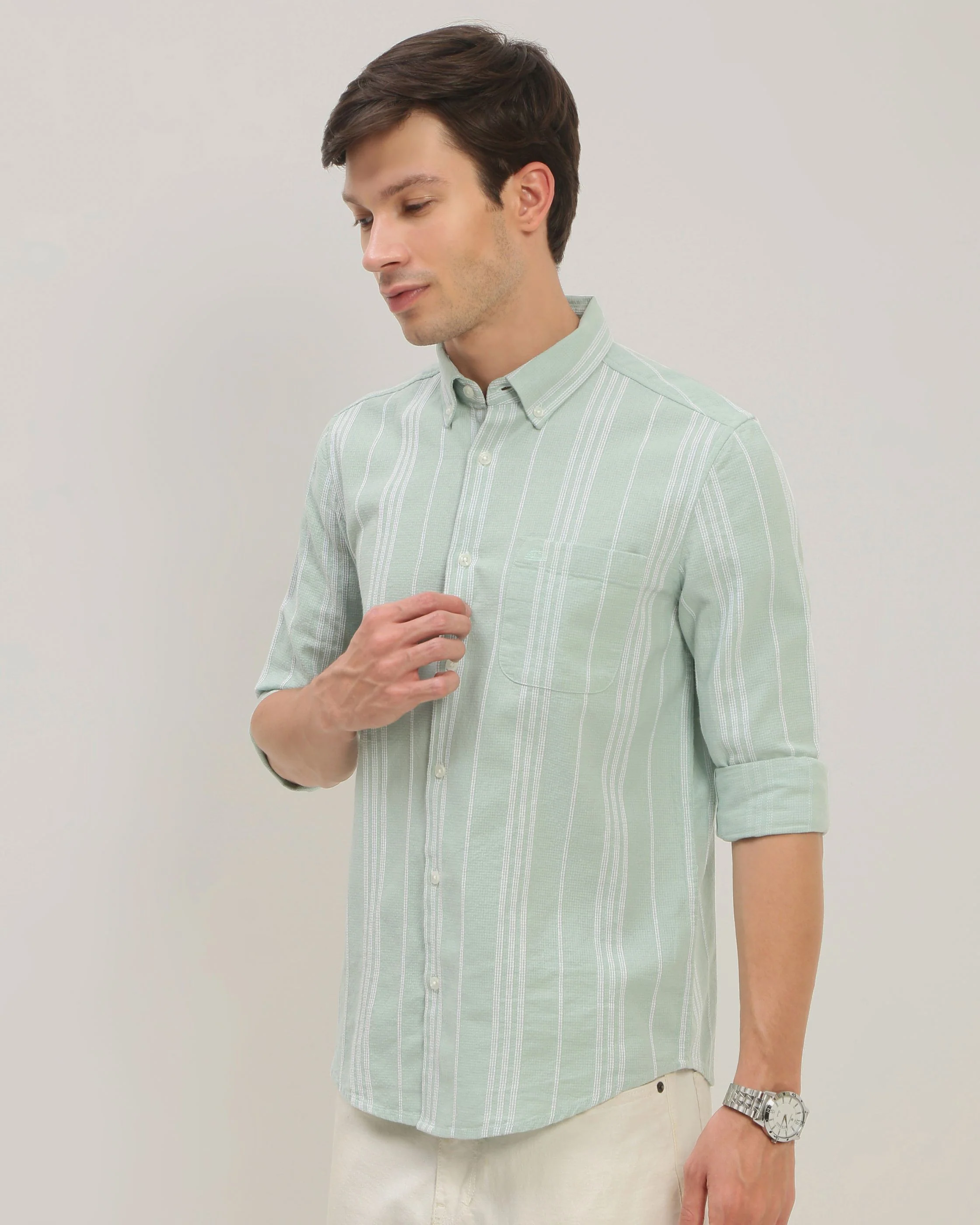 Men Green Striped Shirt - Image 4