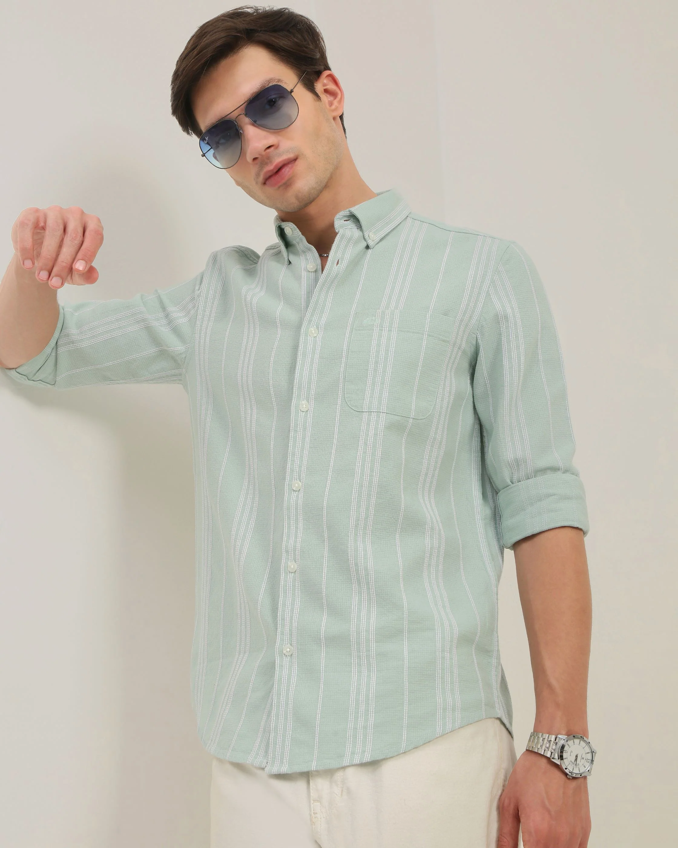 Men Green Striped Shirt - Image 5