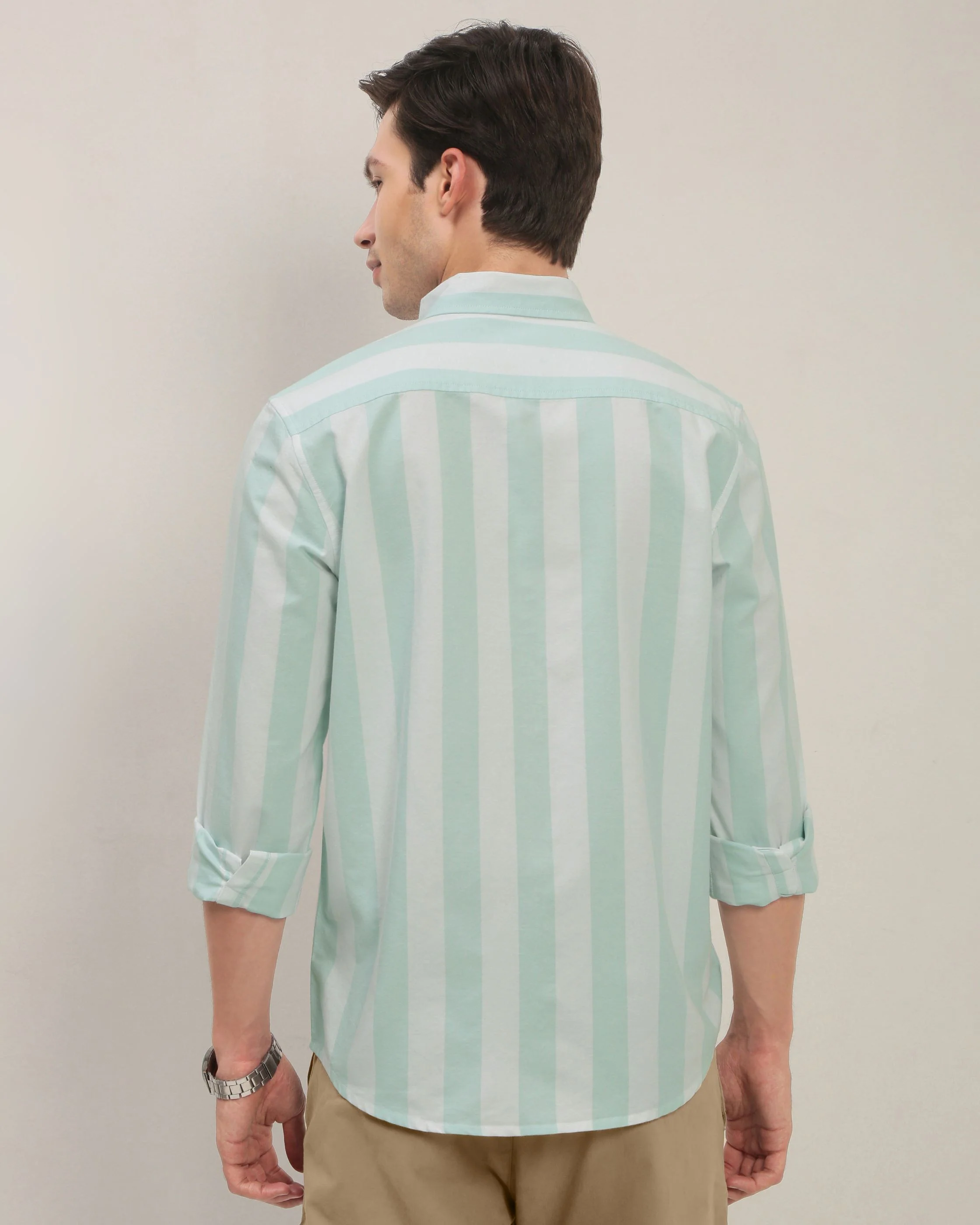 Men Green Striped Shirt - Image 2