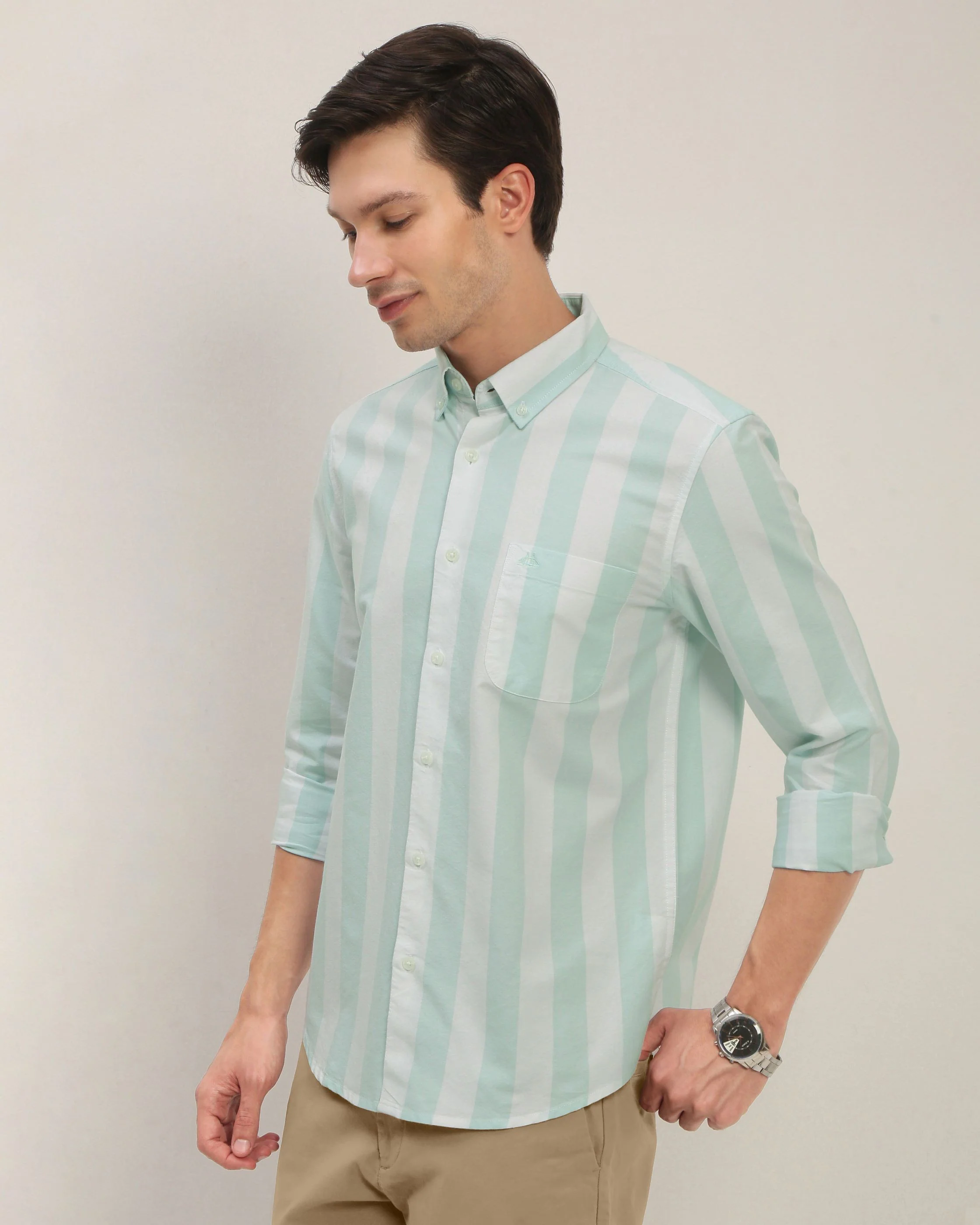 Men Green Striped Shirt - Image 4