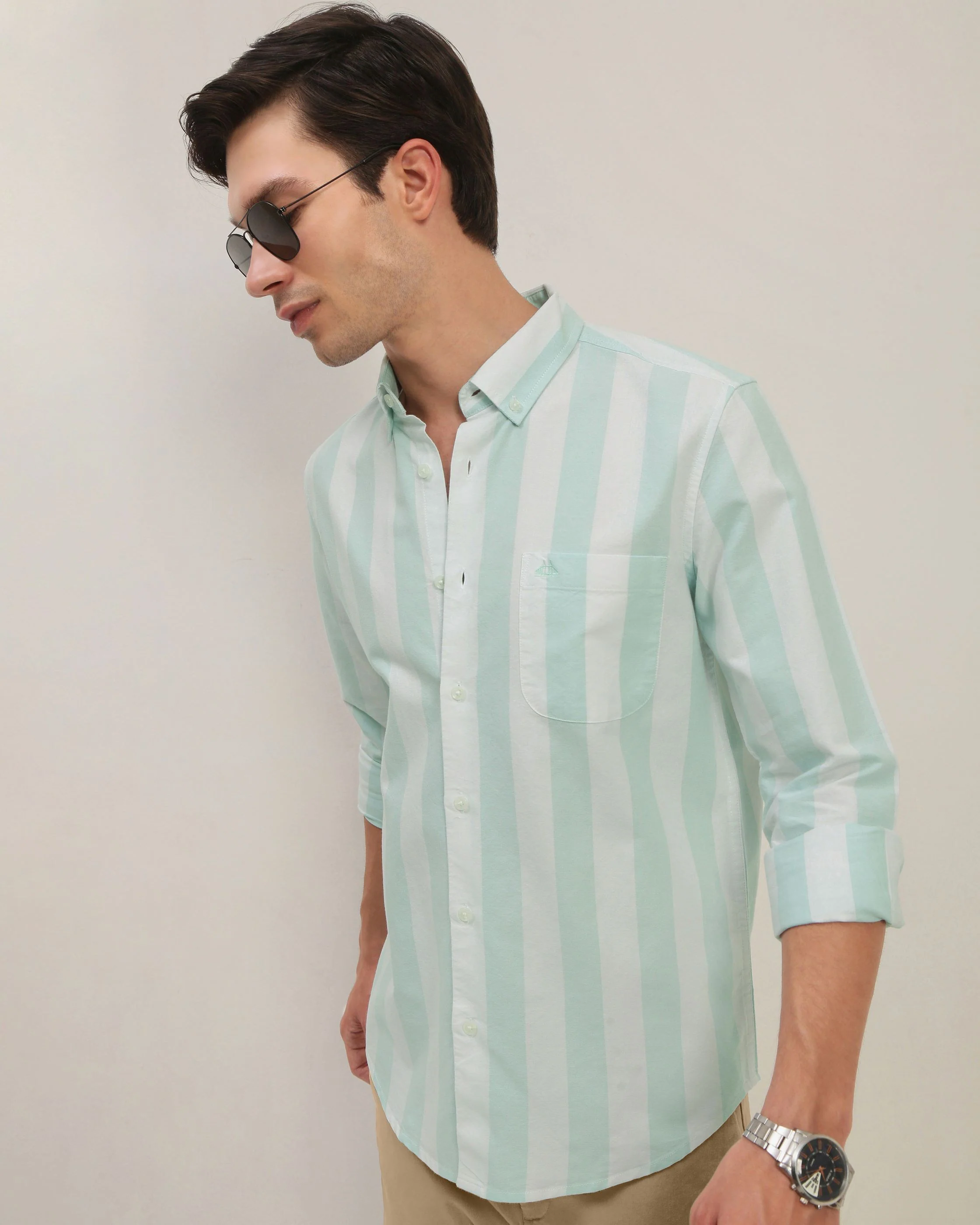 Men Green Striped Shirt - Image 5