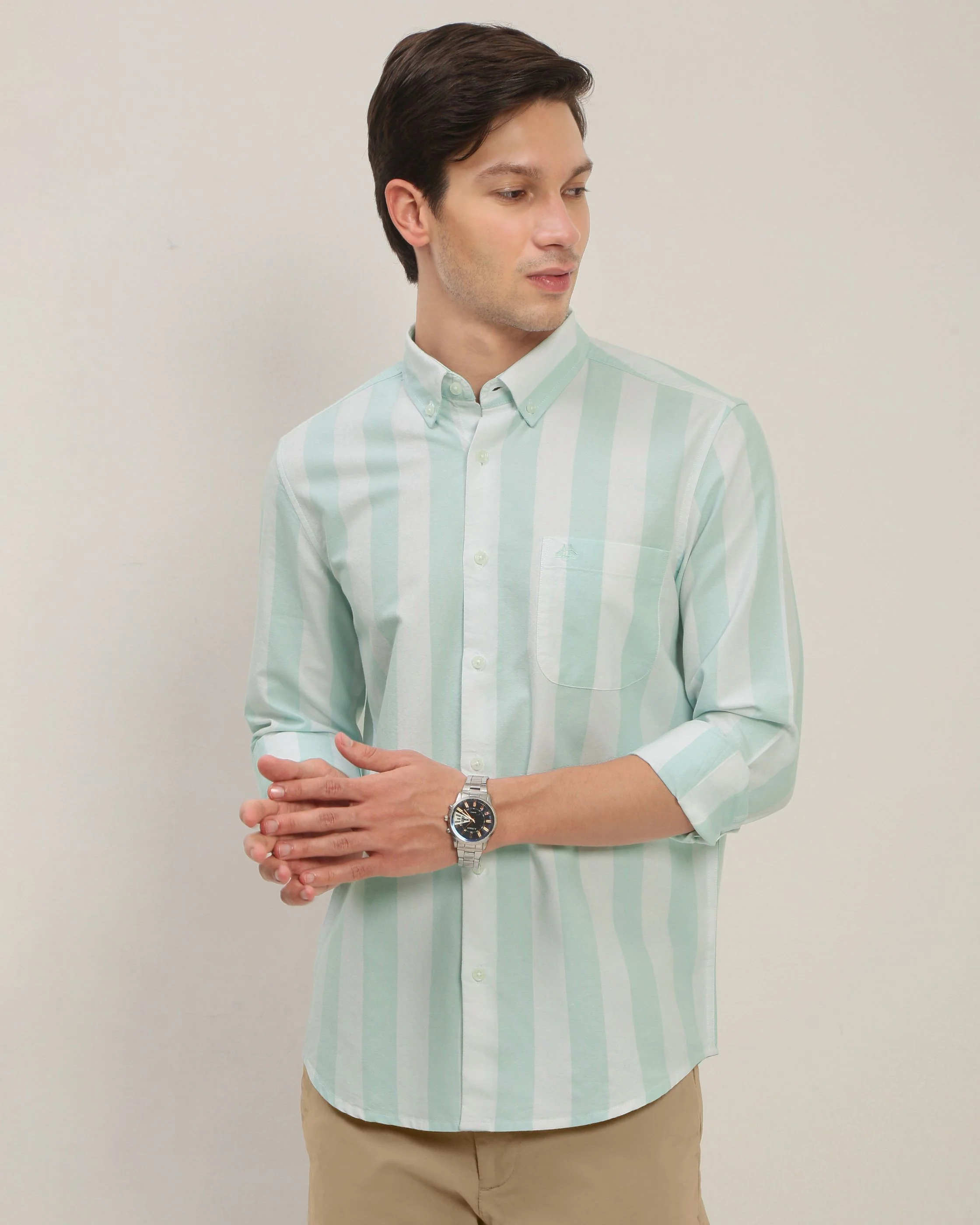 Men Green Striped Shirt - Image 6