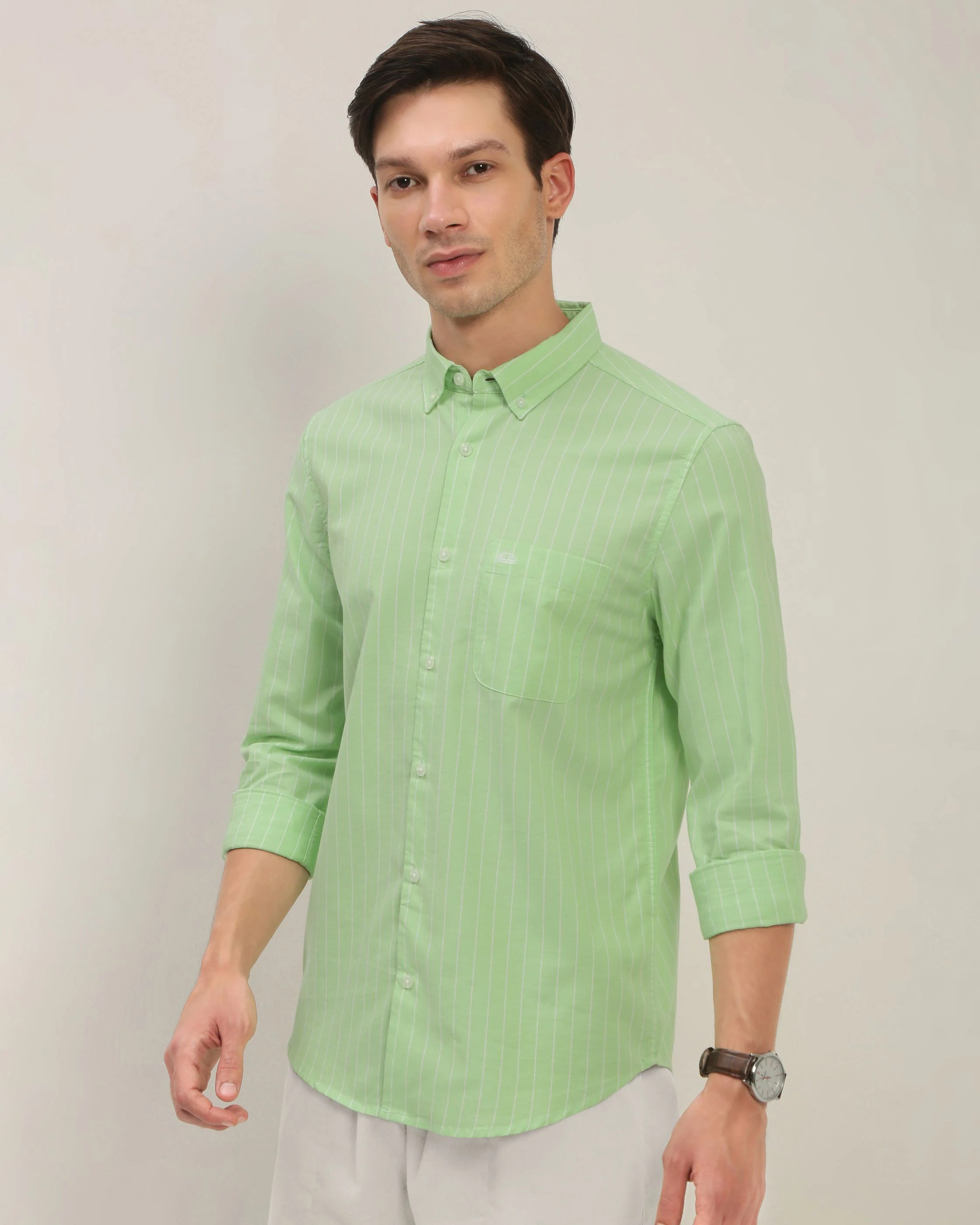 Men Green Striped Shirt - Image 2