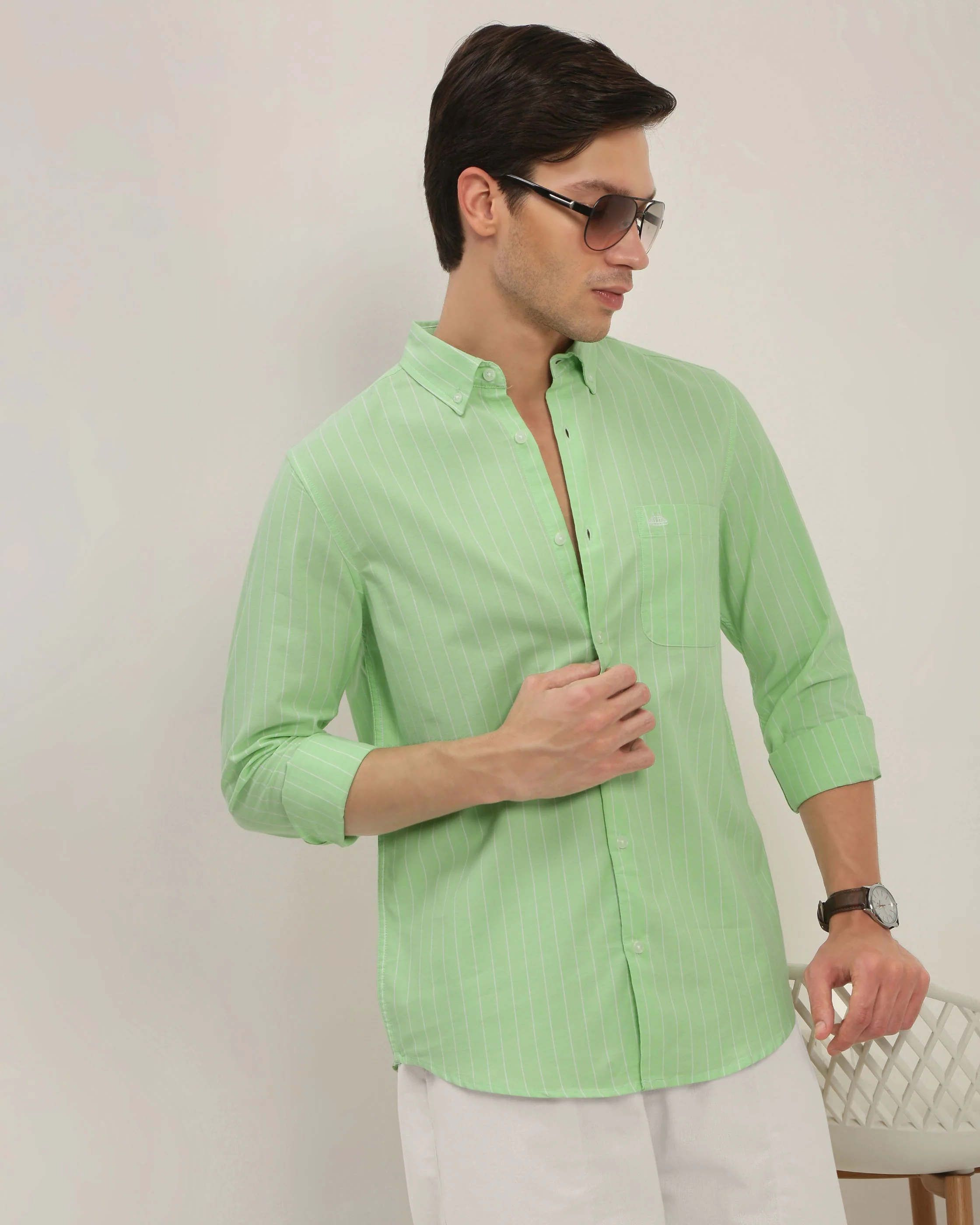 Men Green Striped Shirt - Image 5