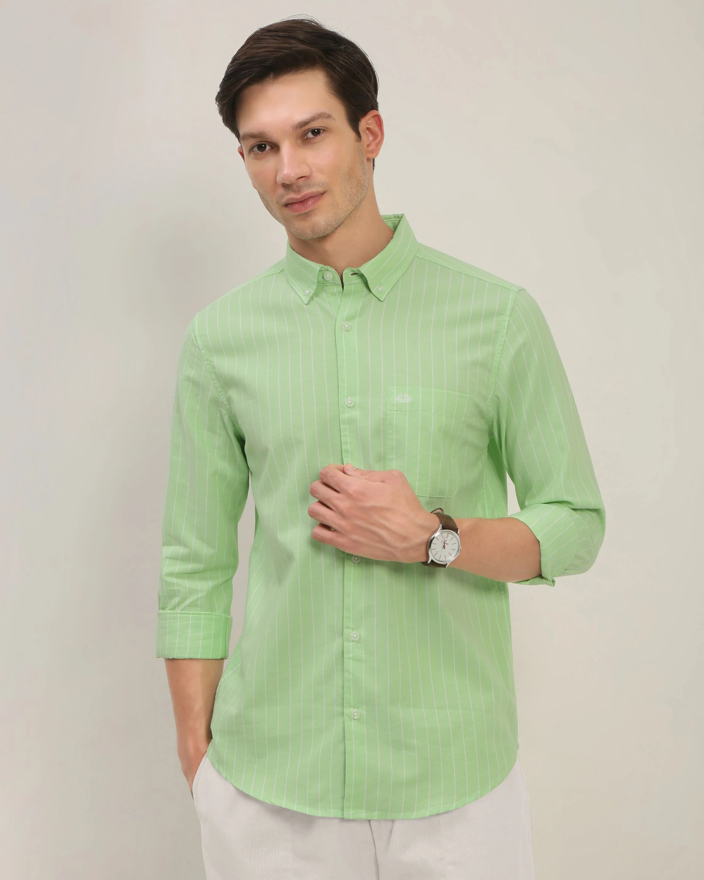 Men Green Striped Shirt - Image 6