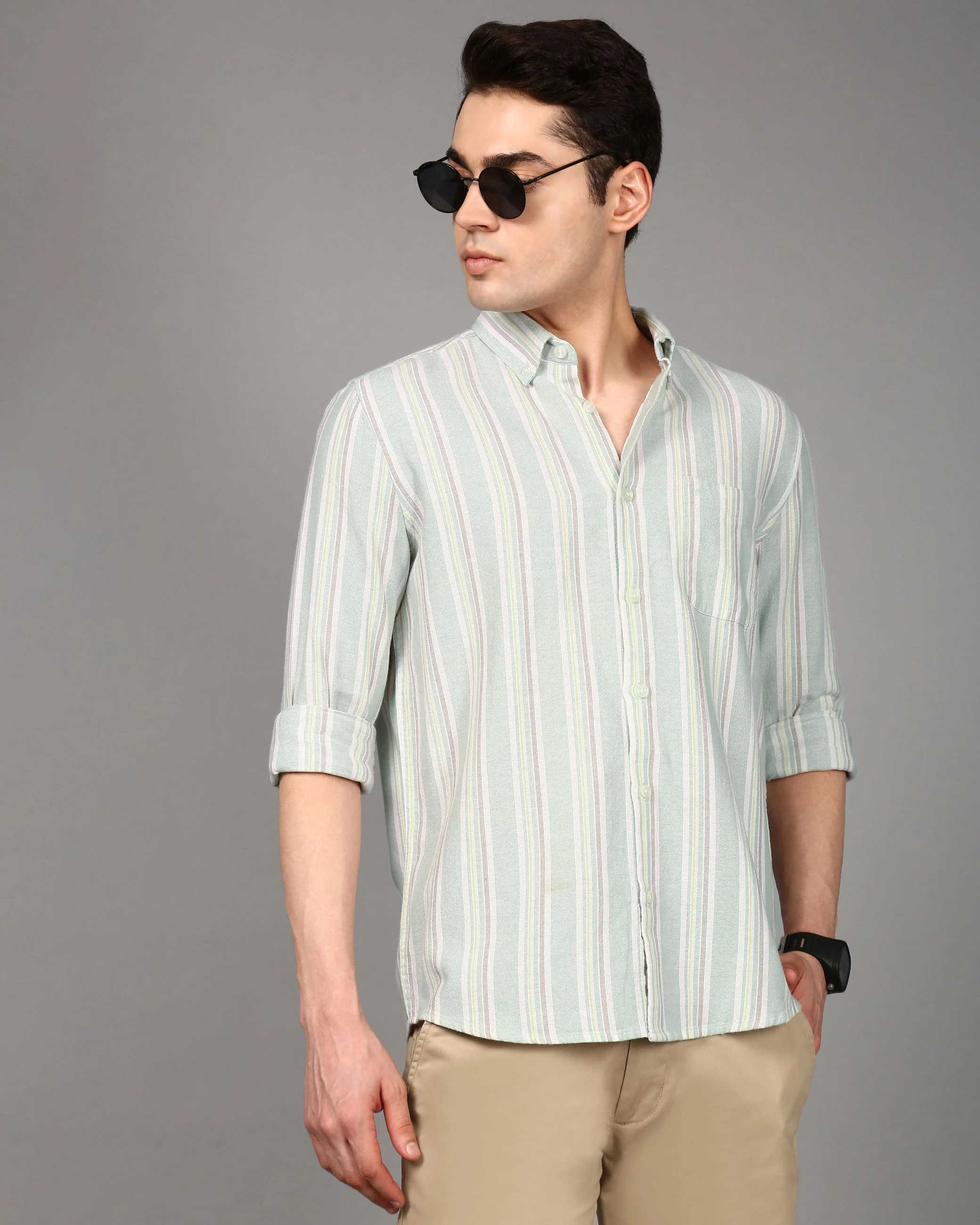 Men Green Striped Shirt - Image 2