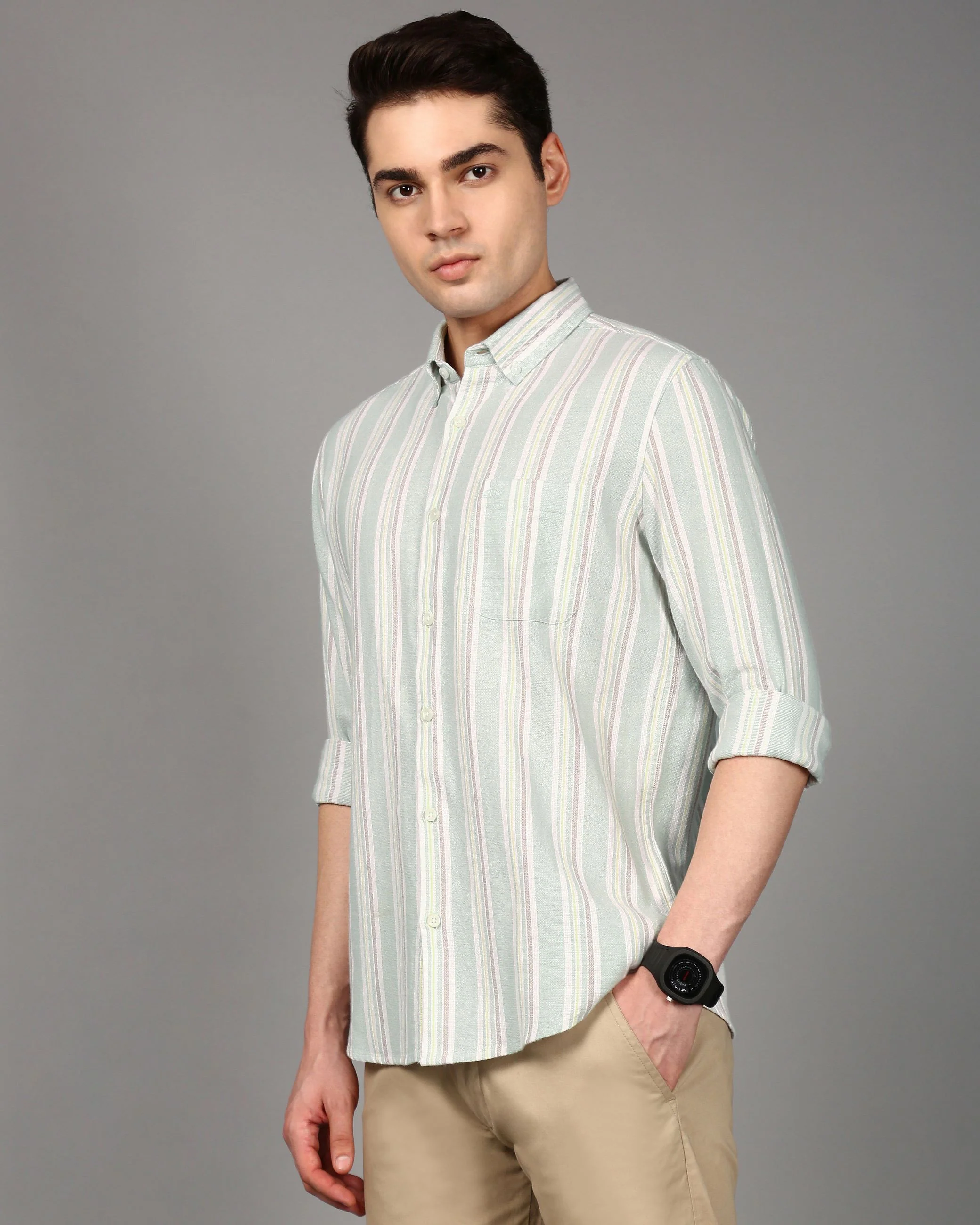 Men Green Striped Shirt - Image 5