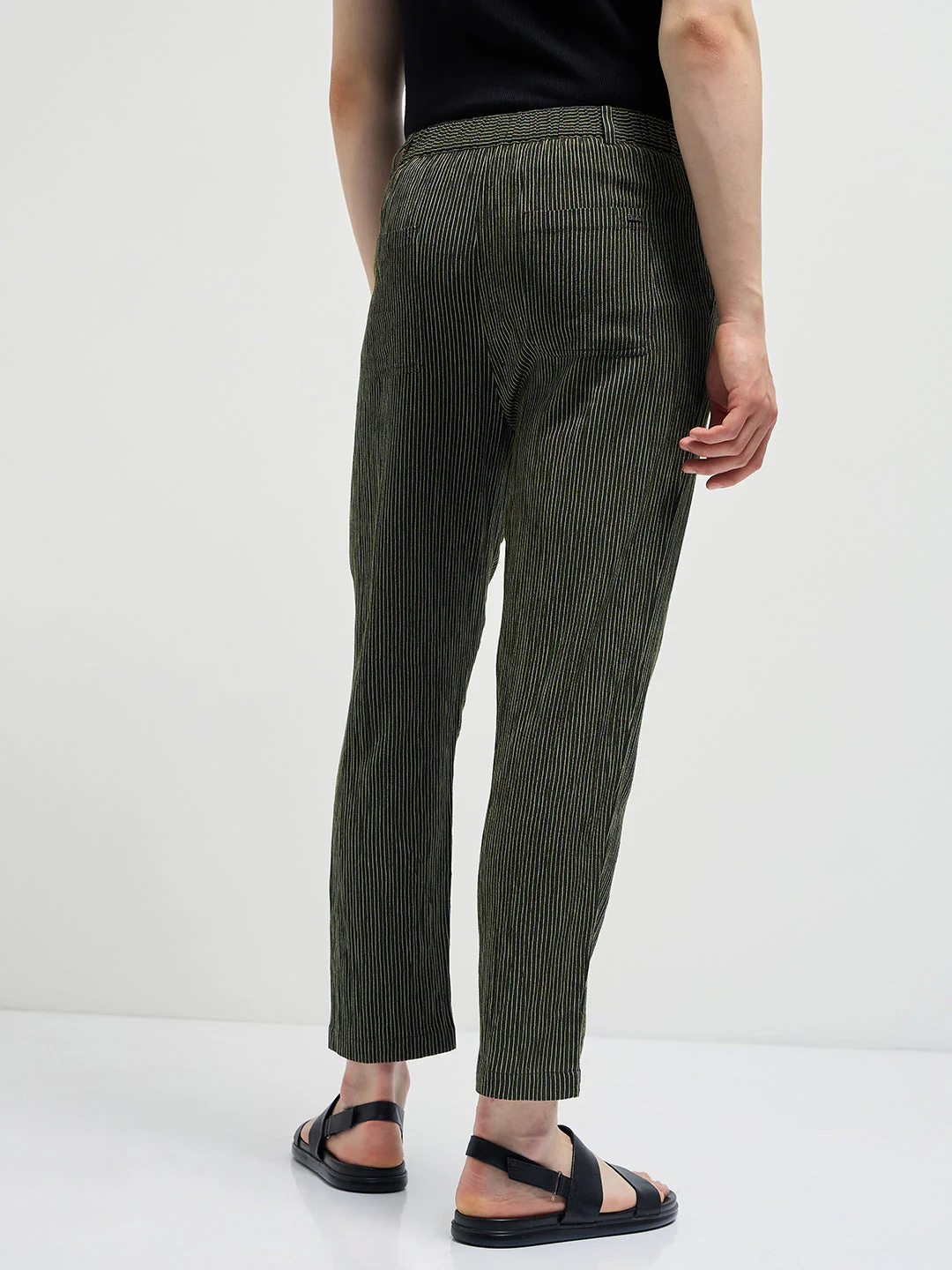 Men Green Striped Slim Fit Casual Trousers - Image 2