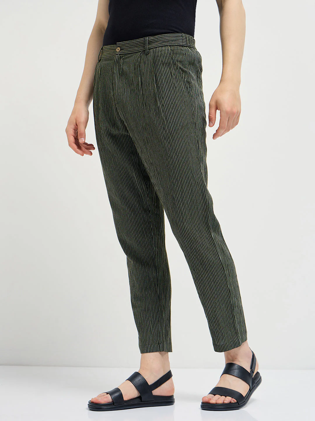 Men Green Striped Slim Fit Casual Trousers - Image 3