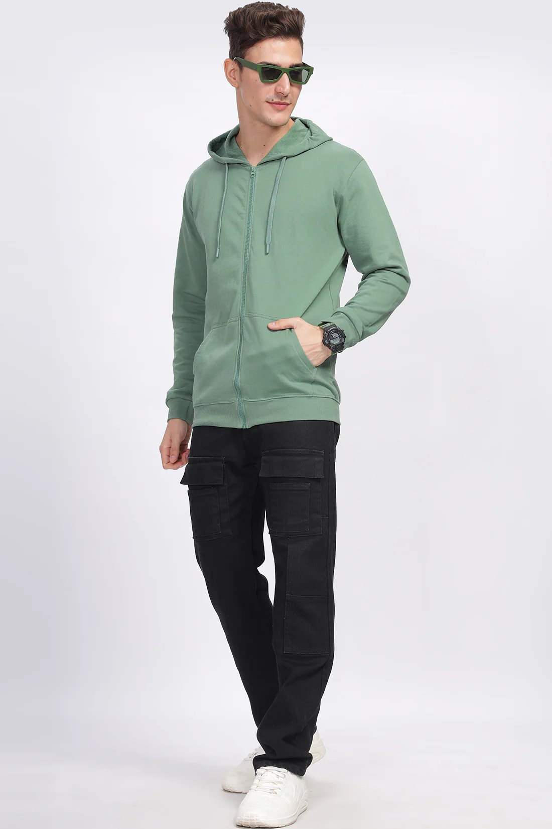 Men Green Sweatshirt With Zipper Hoodies - Image 4