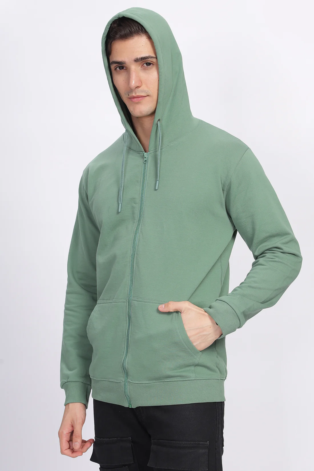 Men Green Sweatshirt With Zipper Hoodies - Image 5