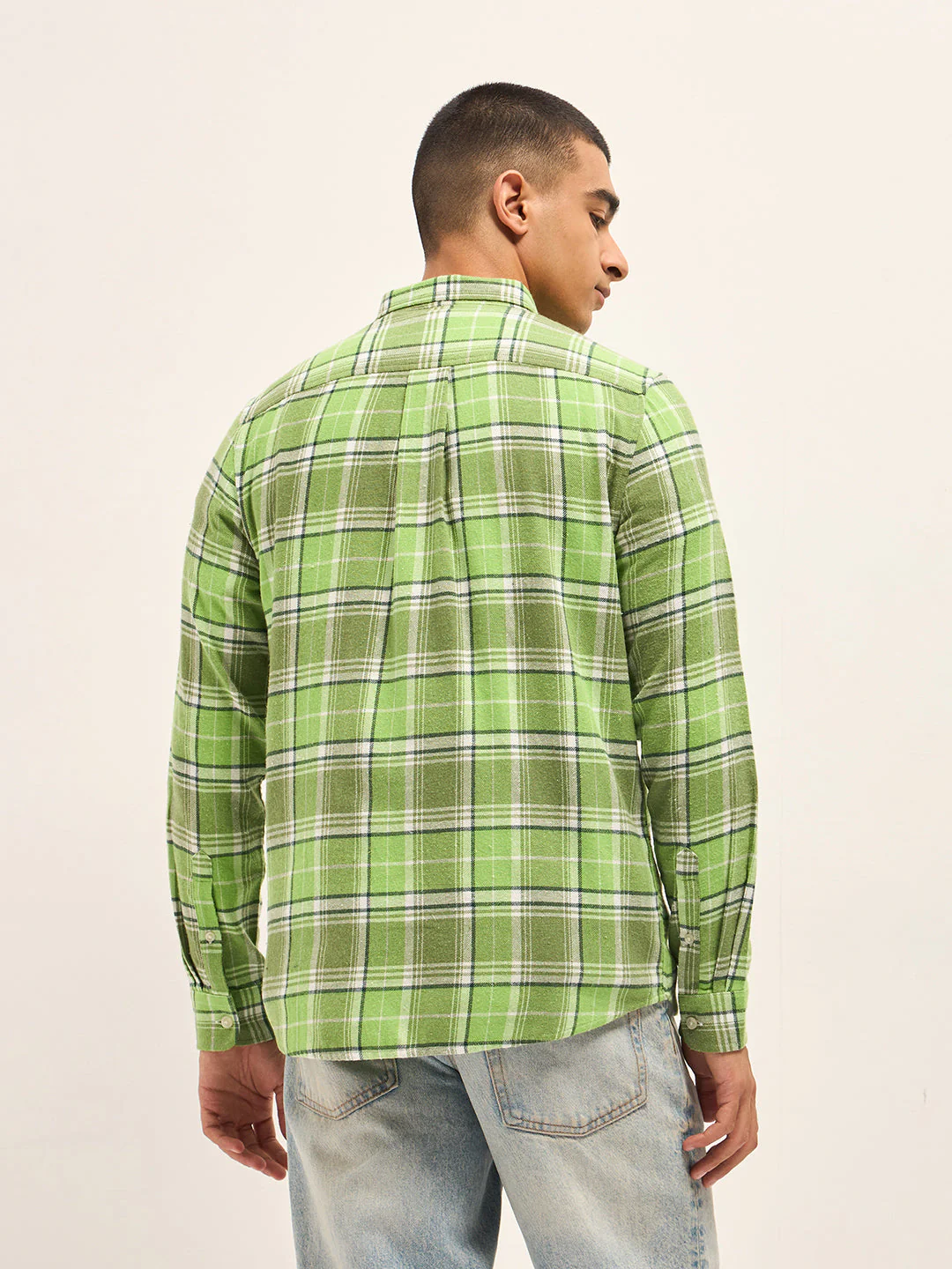 Men Green Checked Slim Fit Casual Shirt - Image 2