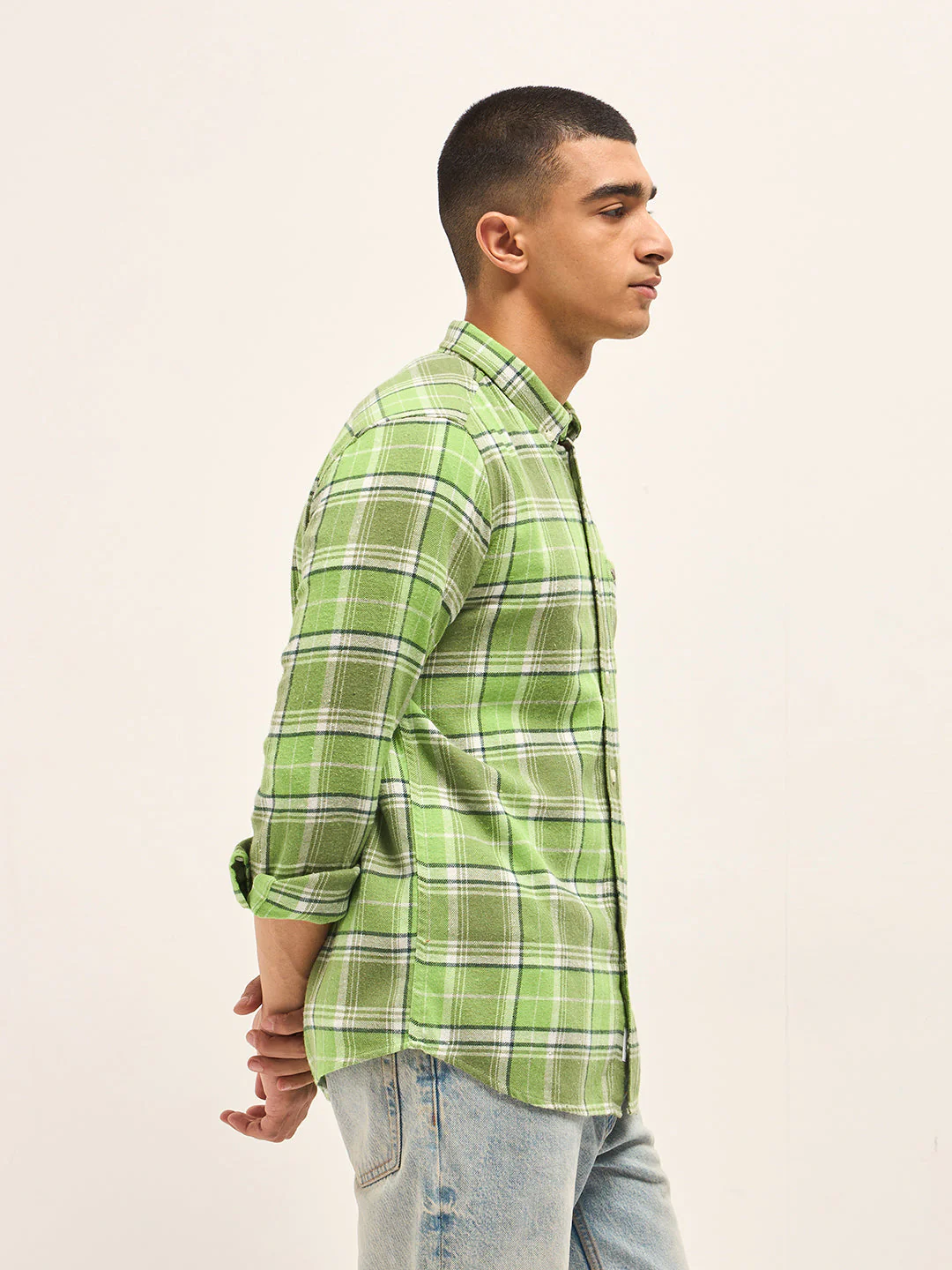 Men Green Checked Slim Fit Casual Shirt - Image 3