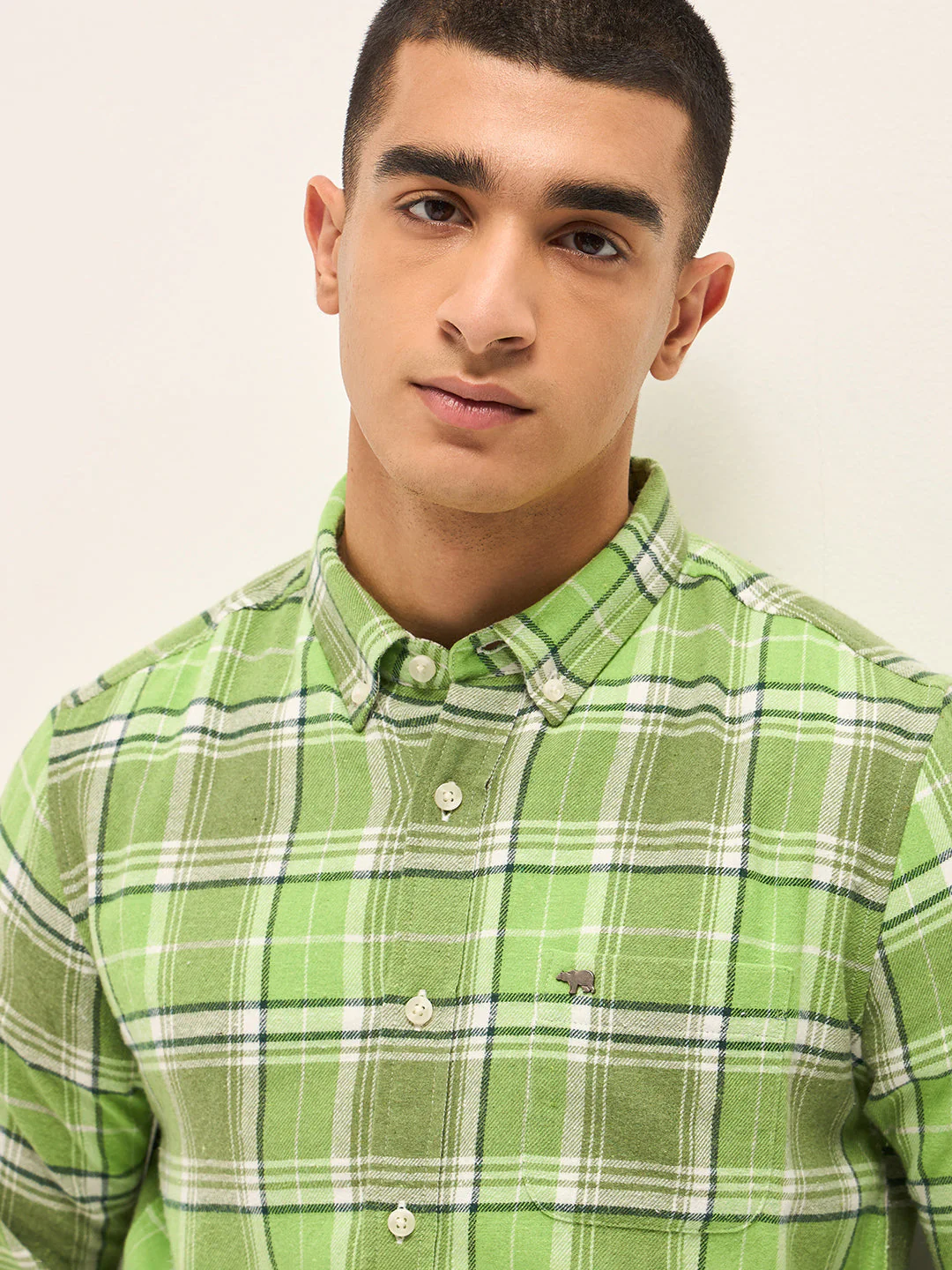 Men Green Checked Slim Fit Casual Shirt - Image 5