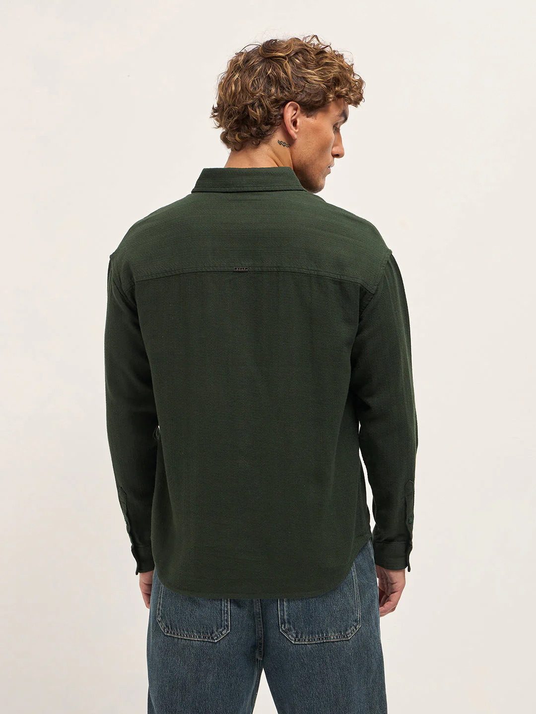 Men Green Texture Herringbone Design Relax Fit Overshirt - Image 2