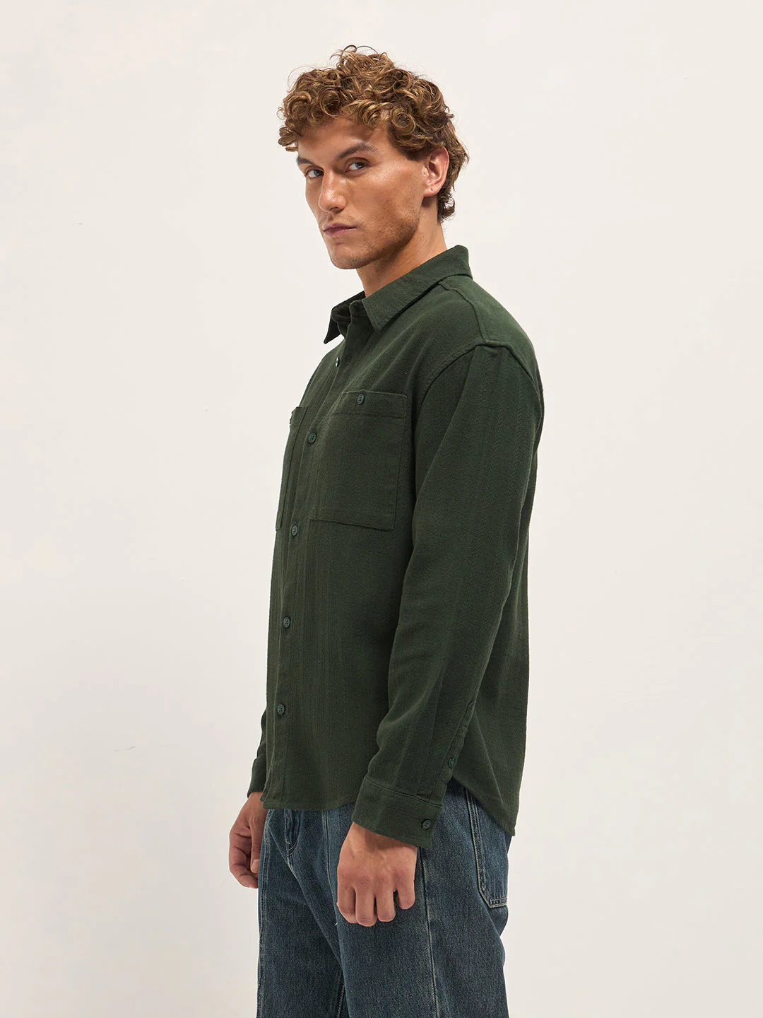 Men Green Texture Herringbone Design Relax Fit Overshirt - Image 3
