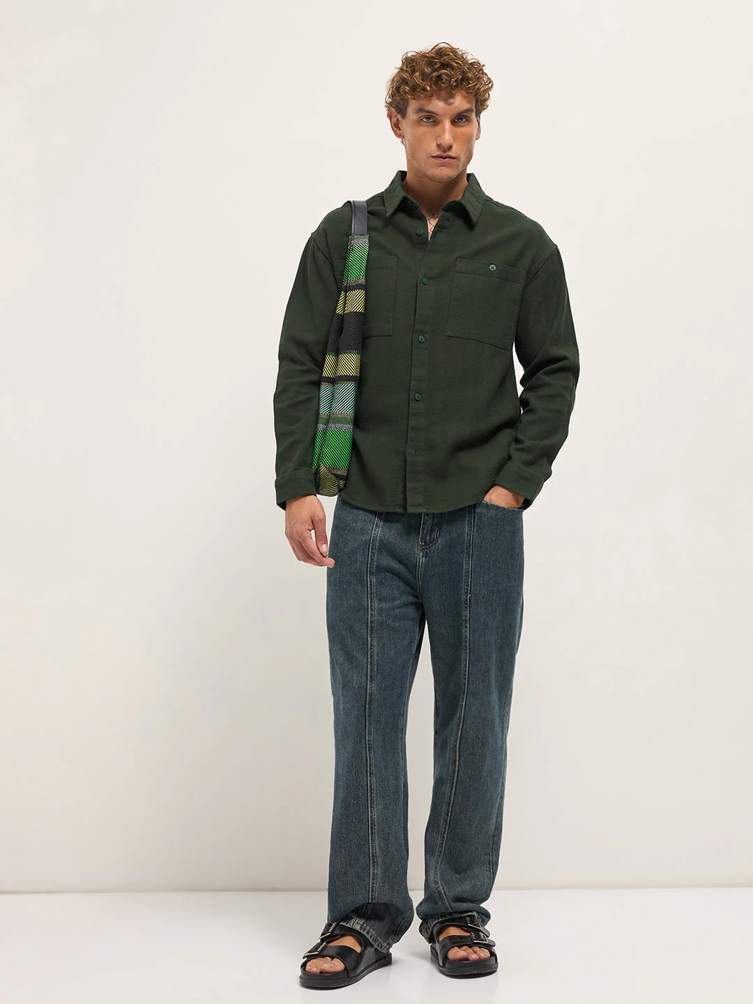 Men Green Texture Herringbone Design Relax Fit Overshirt - Image 4