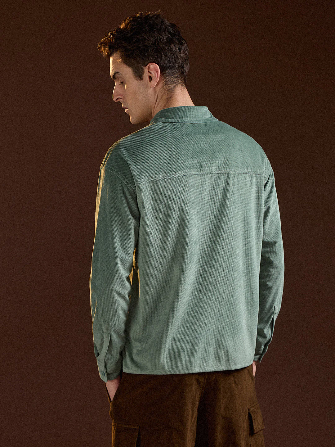 Men Green Texture Pattern Relaxed Fit Overshirt - Image 2