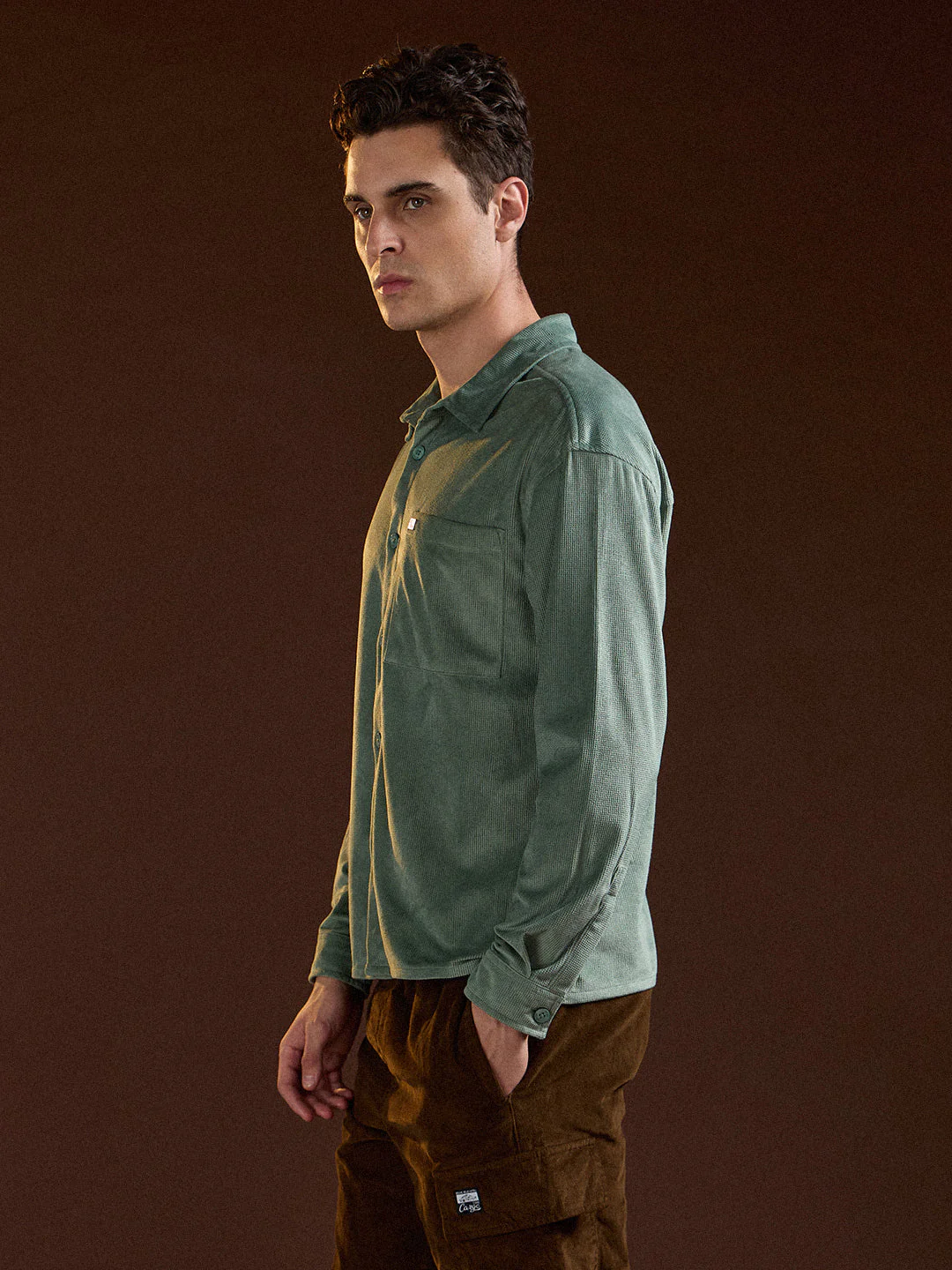 Men Green Texture Pattern Relaxed Fit Overshirt - Image 3