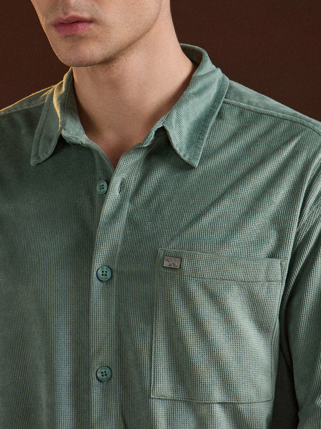 Men Green Texture Pattern Relaxed Fit Overshirt - Image 5